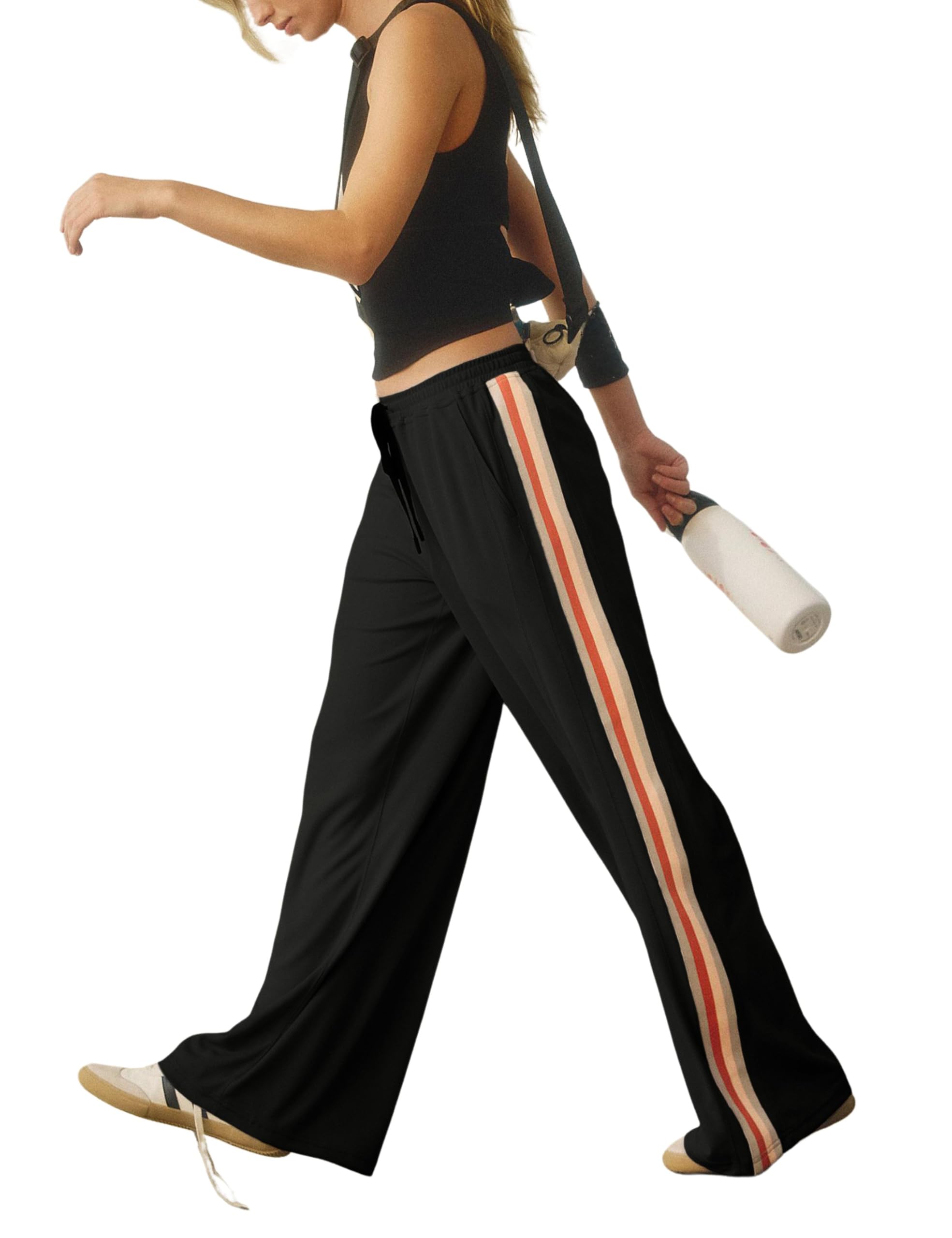 Athlisan Womens Athletic Wide Leg Trousers Side Stripes Drawstring Waist Casual Low Rise Palazzo Pants with Pockets