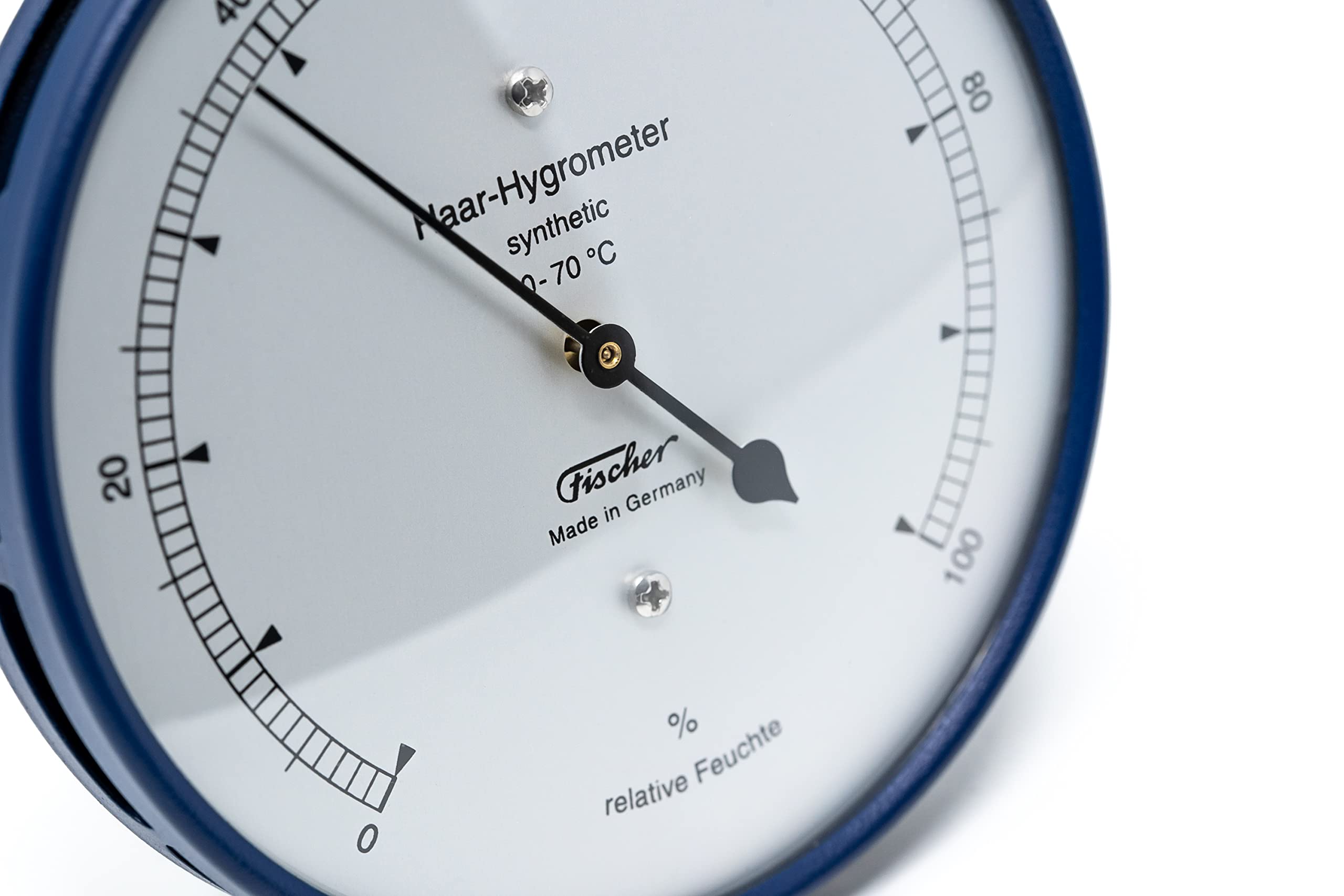 Fischer 122.48, synthetisches Haar-Hygrometer, Glas, Edelstahl blau | Luftfeuchtigkeitsmesser, Messbereich 0-100 % r. F. und 0-70 °C, Genauigkeit ± 3 % r. F., 103mm Durchmesser, Made in Germany