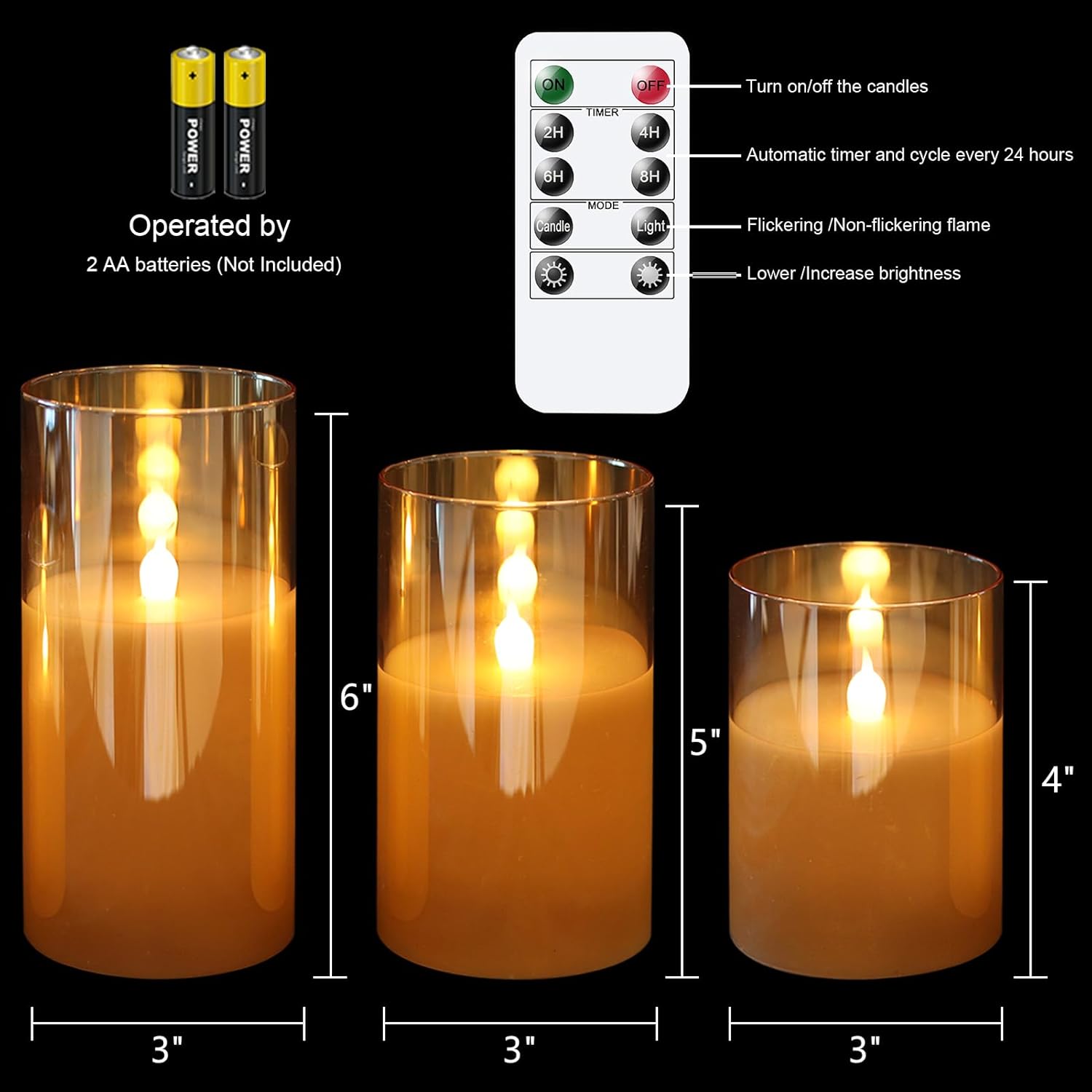 KunSween Glass Battery Operated LED Flameless Candles with Remote and Timer, Real Wax Candles Warm Color Flickering Light for Festival Wedding Home Party Decor(Pack of 3, 3" x 4" 5" 6" )-Gold
