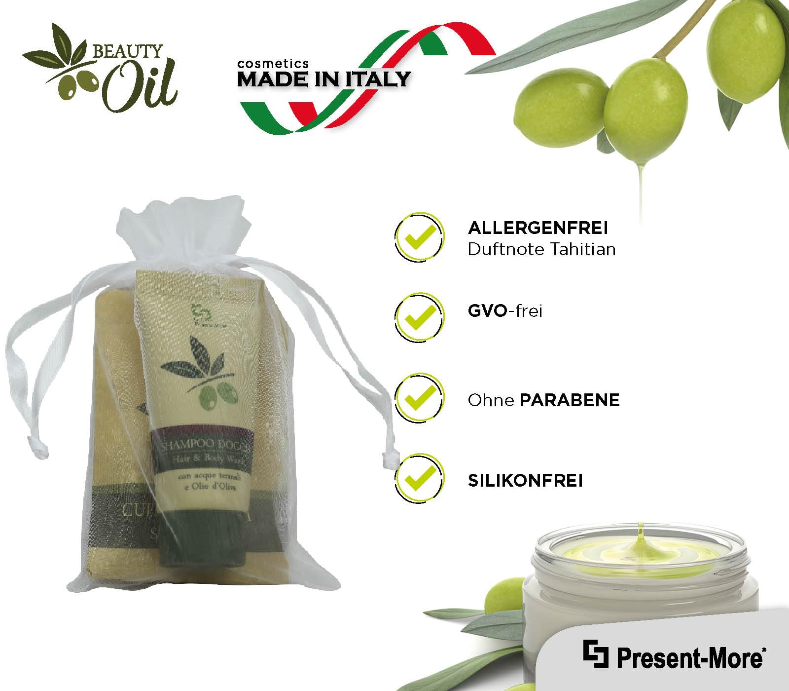 Present-More Amenities Kit Beauty Oil - Prestige Kit Toilettenartikel 35 Gäste für Hotels und B&B | Allergenfreie Amenities Kit mit Duftnote Tahitian