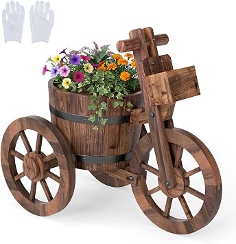 Giantex Wooden Wagon Planter with Wheels, Rustic Wood Plant Stand with Drainage Hole for Flowers Herbs Vegetables, Indoor Outdoor Decorative Garden Flower Cart for Patio Backyard Balcony (1)