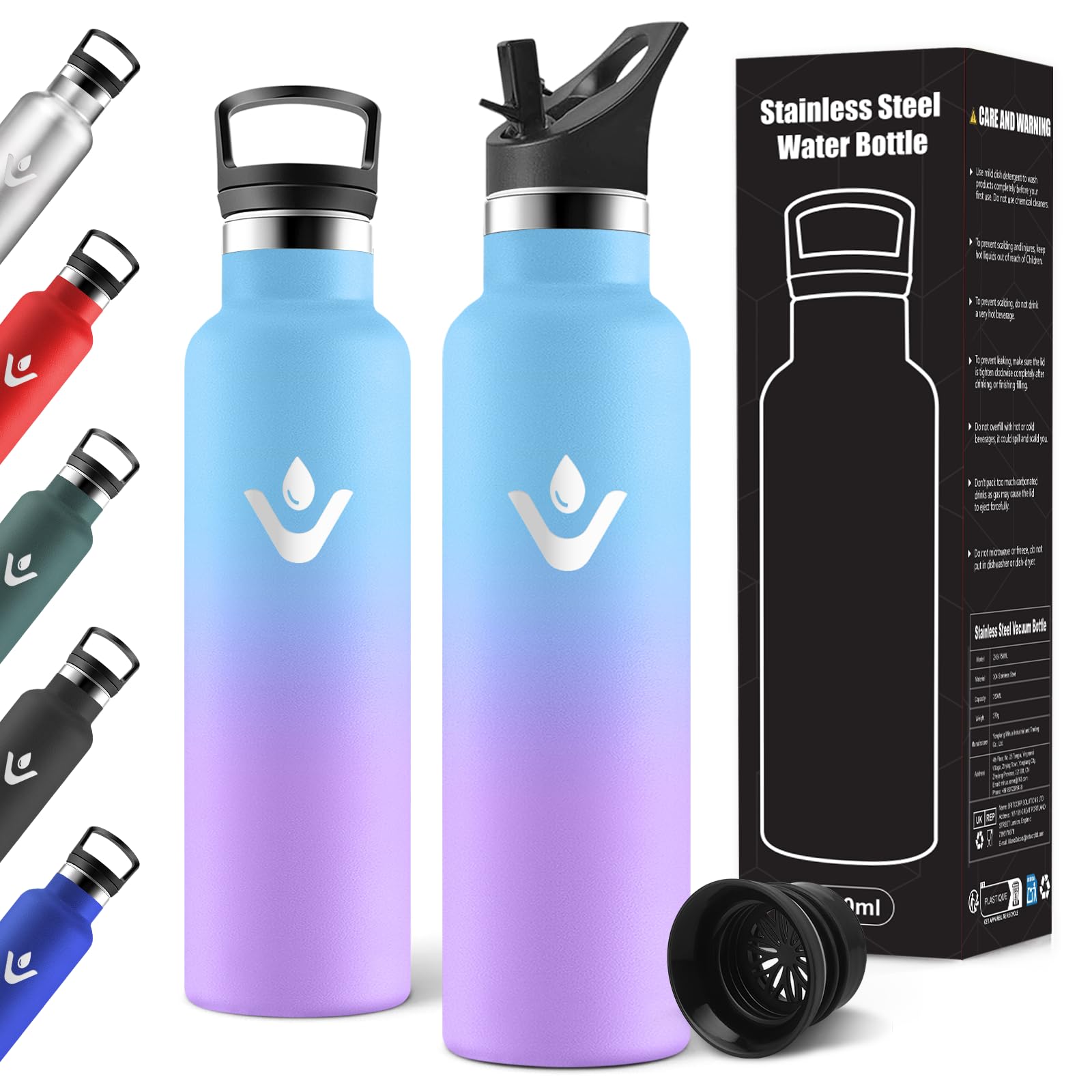 Motswedi Insulated Water Bottle, 750 ml with 2 Caps, Drinking Bottle with Straw, Double Wall, Thermal Bottle, Leak-Proof, Water Bottle for School, Camping, Gym, Light Blue-Purple