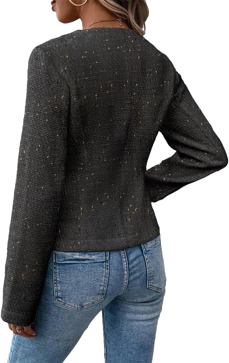 Mina Self 2026 Spring Women's Tweed Blazer Jacket - Collarless Open Front Fully Lined Elegant Fitted Fashion Casual Work Coat - Image 4