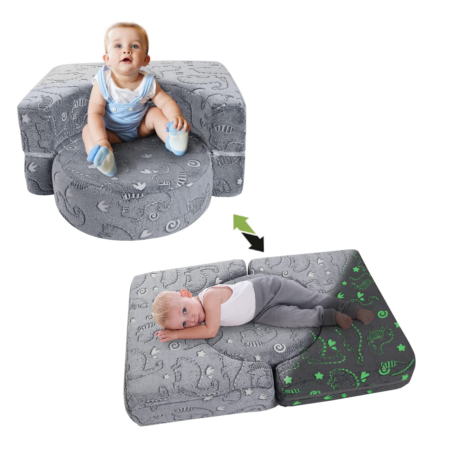 MeMoreCool Kids Couch Toddler Sofa Dinosaur GlowSofa, 3in1