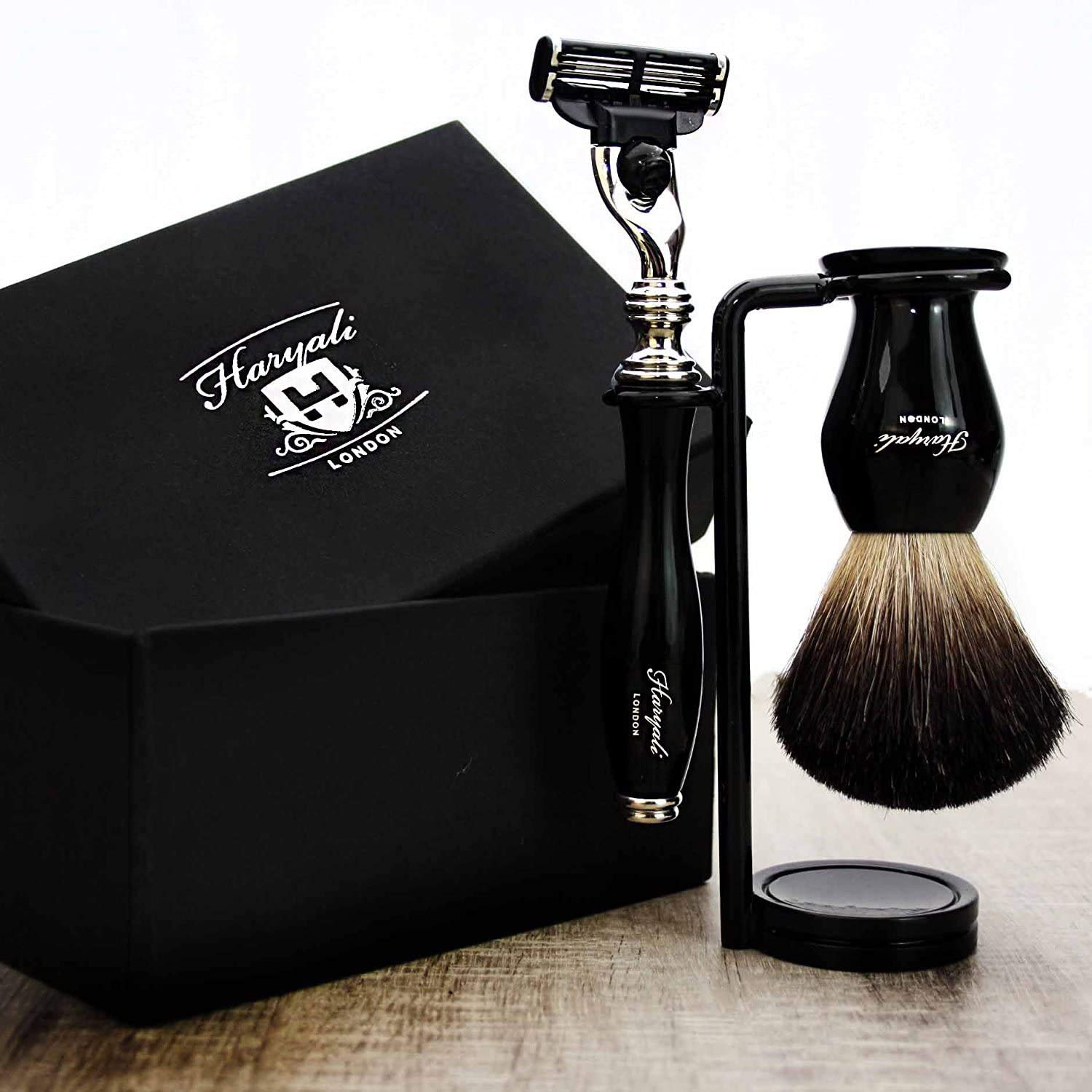 Haryali London Set da barba da uomo 3 Edge rasoio, pennello da barba e supporto da barba