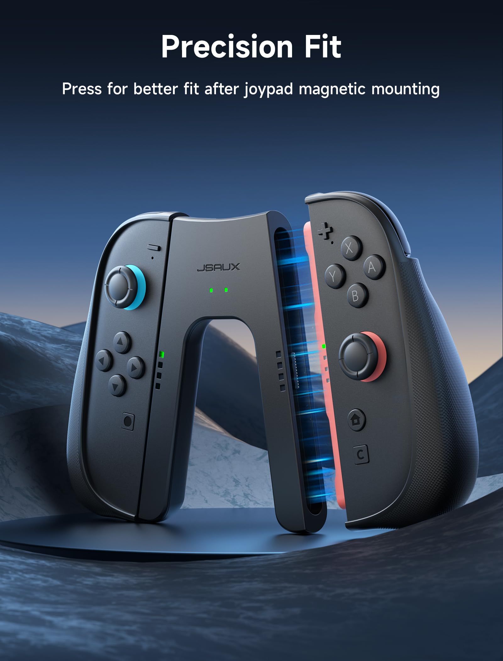 JSAUX Antypoślizgowy, ergonomiczny uchwyt ładujący do Switch 2, magnetyczny uchwyt kontrolera do JoyPadów Switch 2, możliwość grania podczas ładowania z diodą LED i kablem 1,5 m – czarny