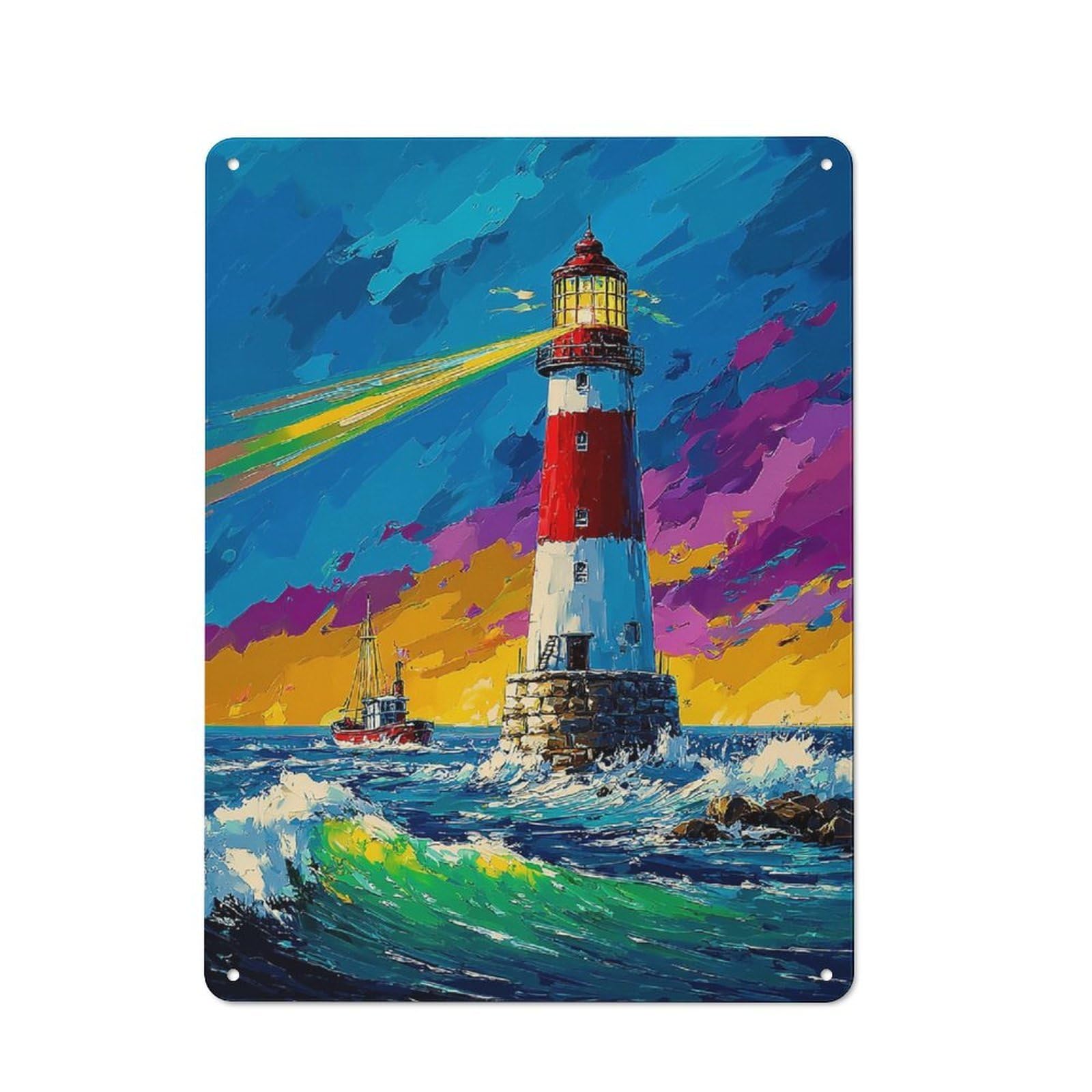 Junmoney Rainbow Lighthouse At Sea Tin Wall Plaque 40X30cm With For Garage Or Workshop, For Living Room, Hallway And Entrance Wall Decor