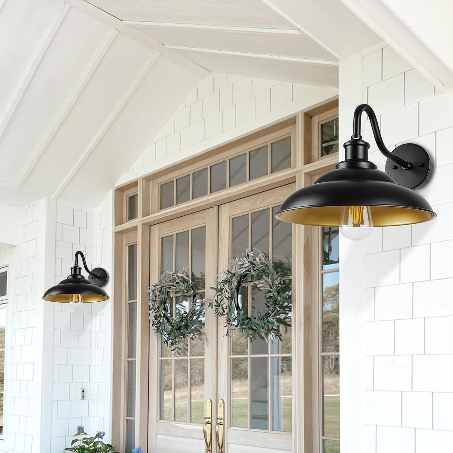 Outdoor Barn Light, 12 Inch Farmhouse Exterior Wall Mount Light, Outdoor Sconce Wall Lighting Fixture, Outside Industrial Black Lantern, Gold Interior, 3 Pack