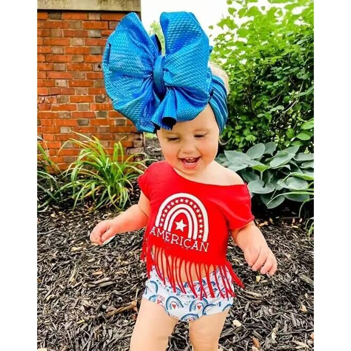 Baby Girl 4th of July Outfit Rainbow Tassels Shirt Top+ American Flag Print Shorts Pant&Newborn Summer Clothing Set (Red American,0-3 Months)