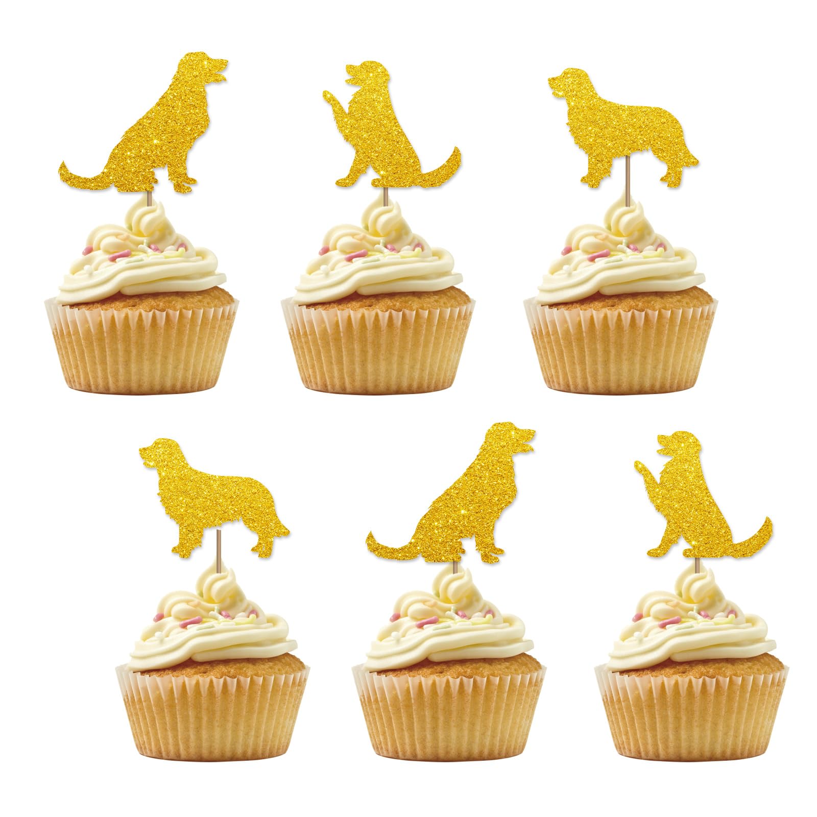Set of 24 Golden Retriever Cupcake Toppers, Dog Birthday Cupcake Toppers, Gold Glitter Pet Dog Puppy Cupcake Picks for Kids Birthday, Let's Pawty Party Supplies