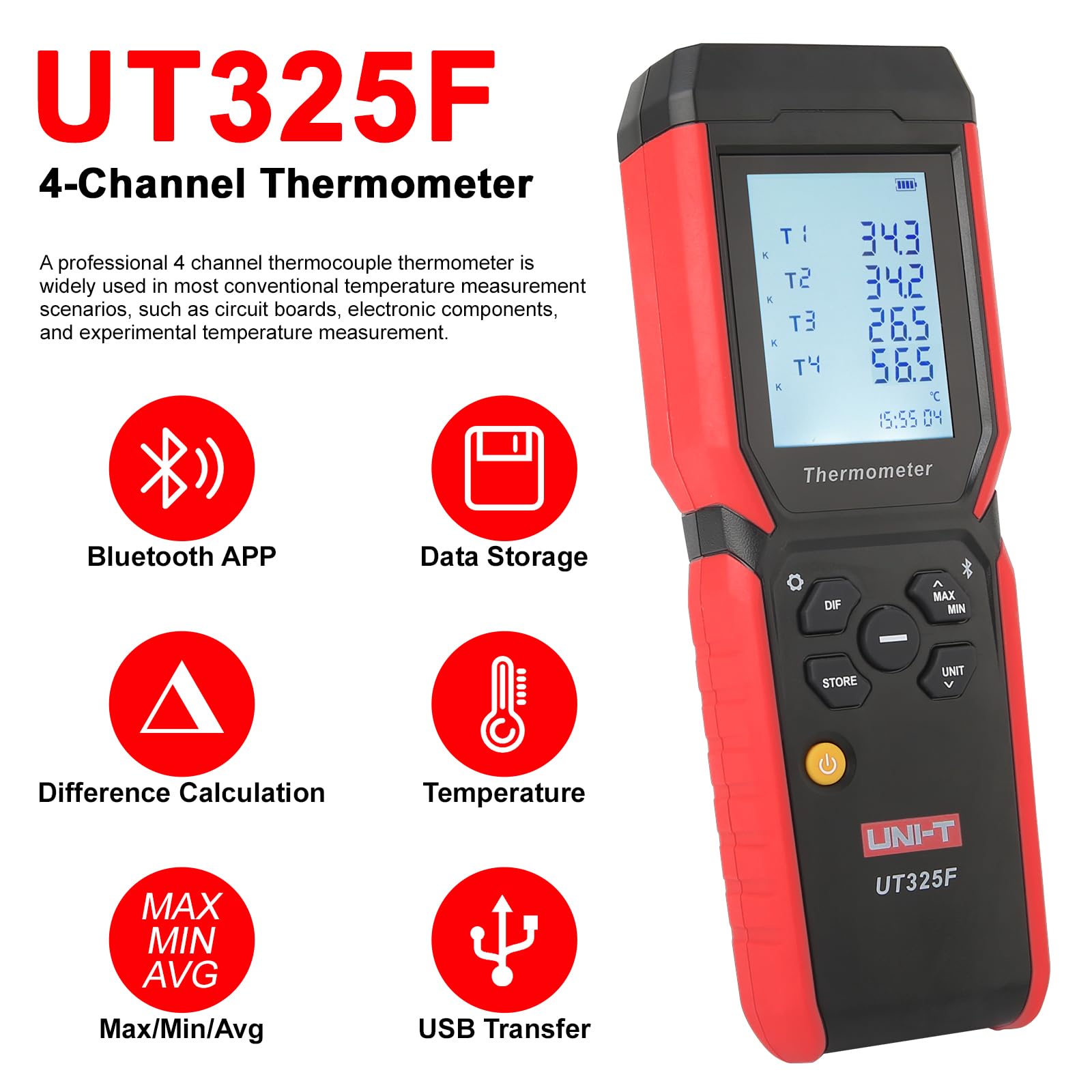UNI-T UT325F Termometro Digitale 4 Canali Registratore di Temperatura J/T/E/R/S/N/K Tipo Termocoppia Misuratore di Temperatura Alta Precisione Bluetooth
