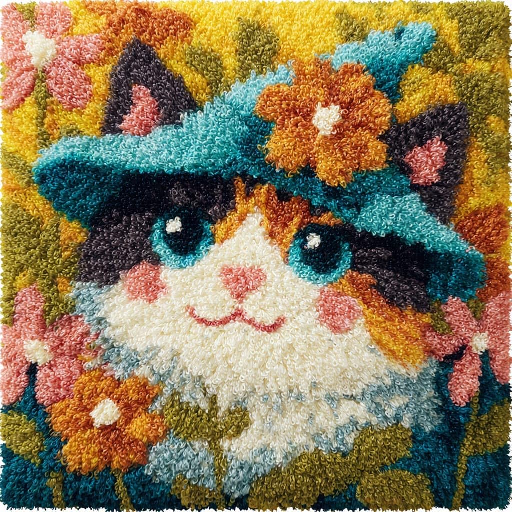 Henypt Latch Hook Cushion Kits, Cats and Flowers