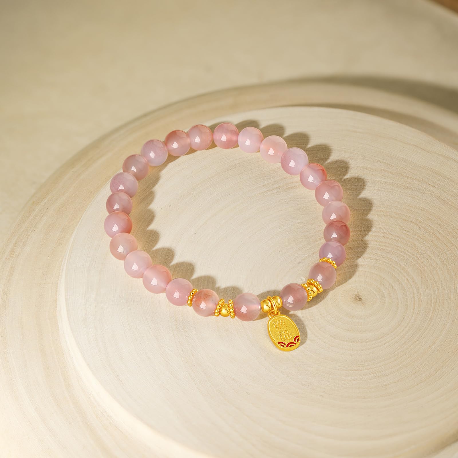 Bracciale in Argento Sterling Braccialetti con Perline in Argento e Agata Rosa Bracciale Elastico con Ciondolo della Fortuna Gioielli Portafortuna per Donne Mamma Figlia Compleanno 6.7"/17CM