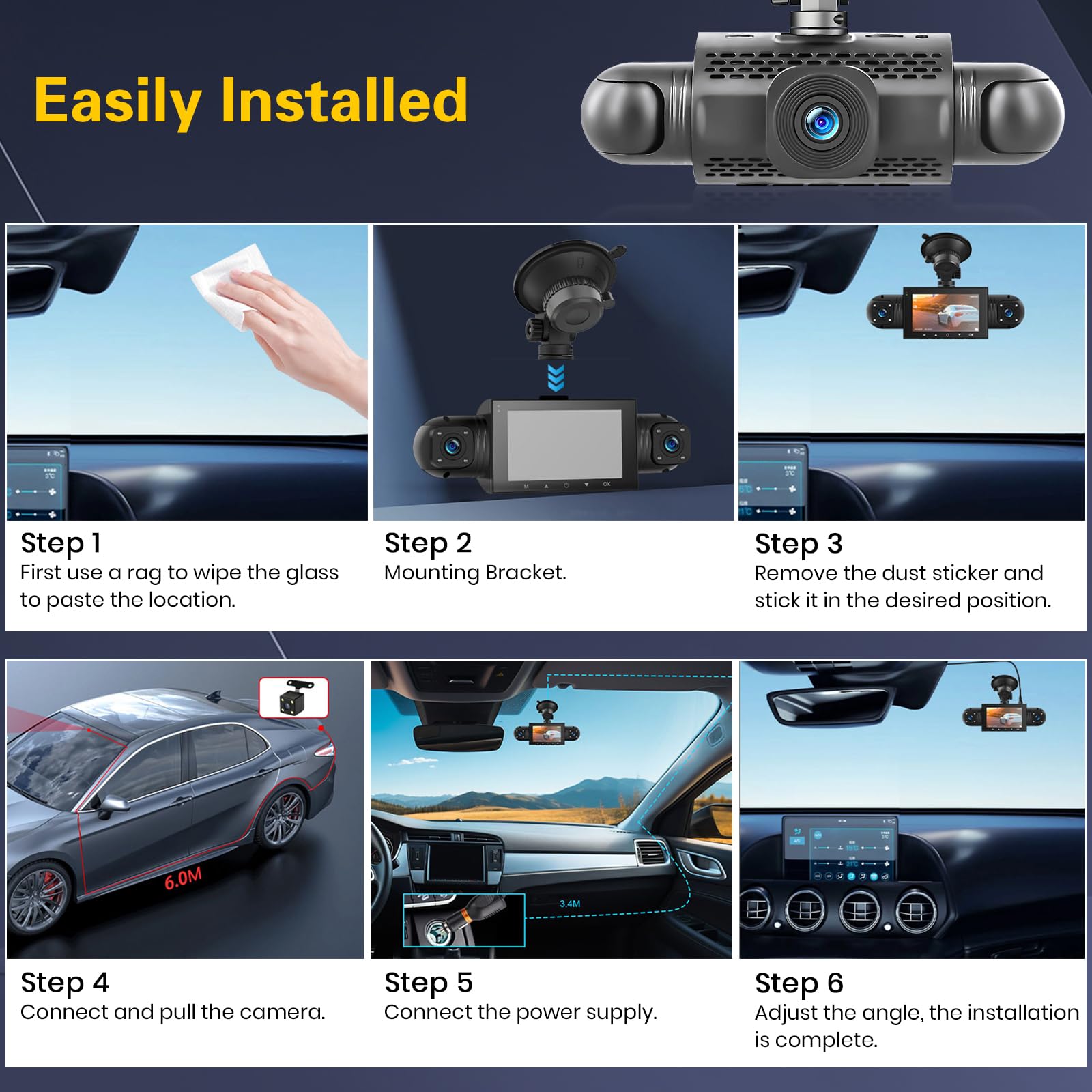 Hikity DVR 1080P Kamera samochodowa dla radia Android, wodoodporna, mini 3-calowa kamera samochodowa, rejestrator, noktowizja, nagrywanie pętlowe z G-sensorem, szeroki kąt 360°, z kartą TF 64GB