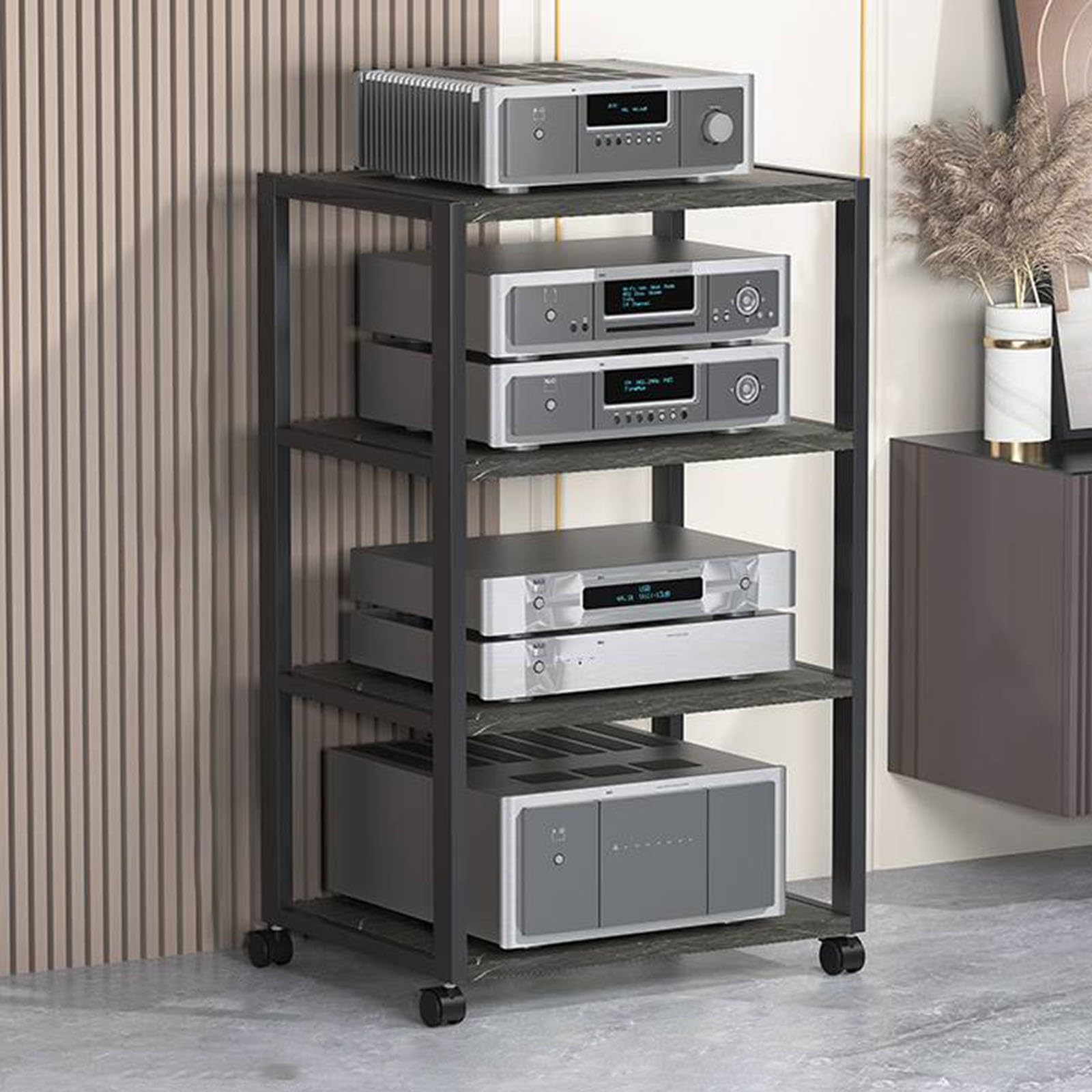 Meuble de rangement multimédia noir moderne avec 4 niveaux amovibles