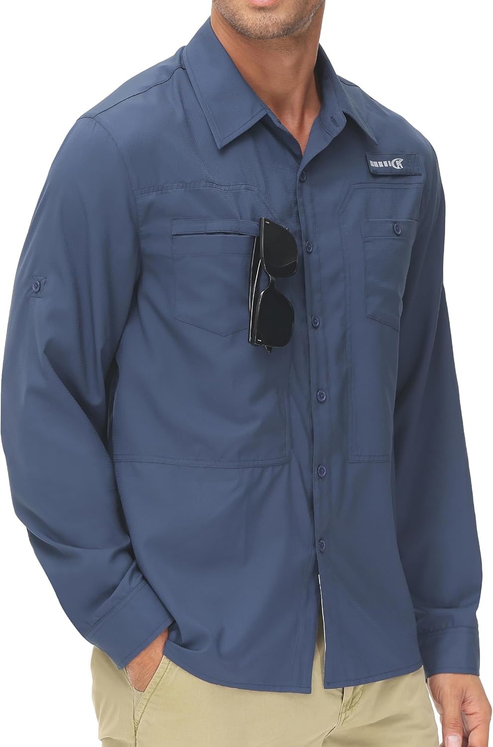 Men's UPF 50+ Sun Protection Fishing Shirts Long Sleeve Lightweight Hiking Travel Work Button Down Shirt Zipper Pocket