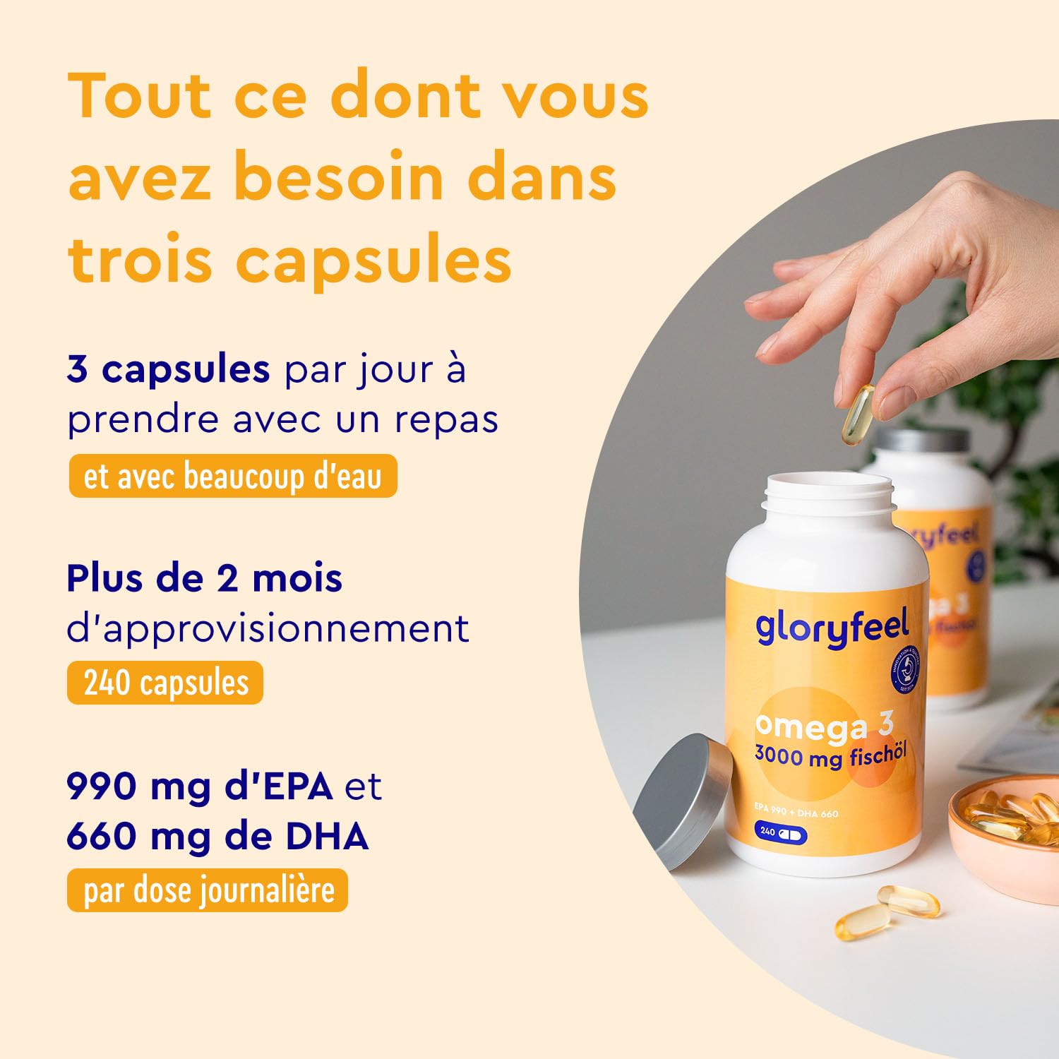 Oméga 3 capsules hautement dosées - 3000mg d'huile de poisson (990mg EPA + 660mg DHA) - 240 gélules sous forme de triglycérides - Huile de poisson hautement biodisponible - Triple action