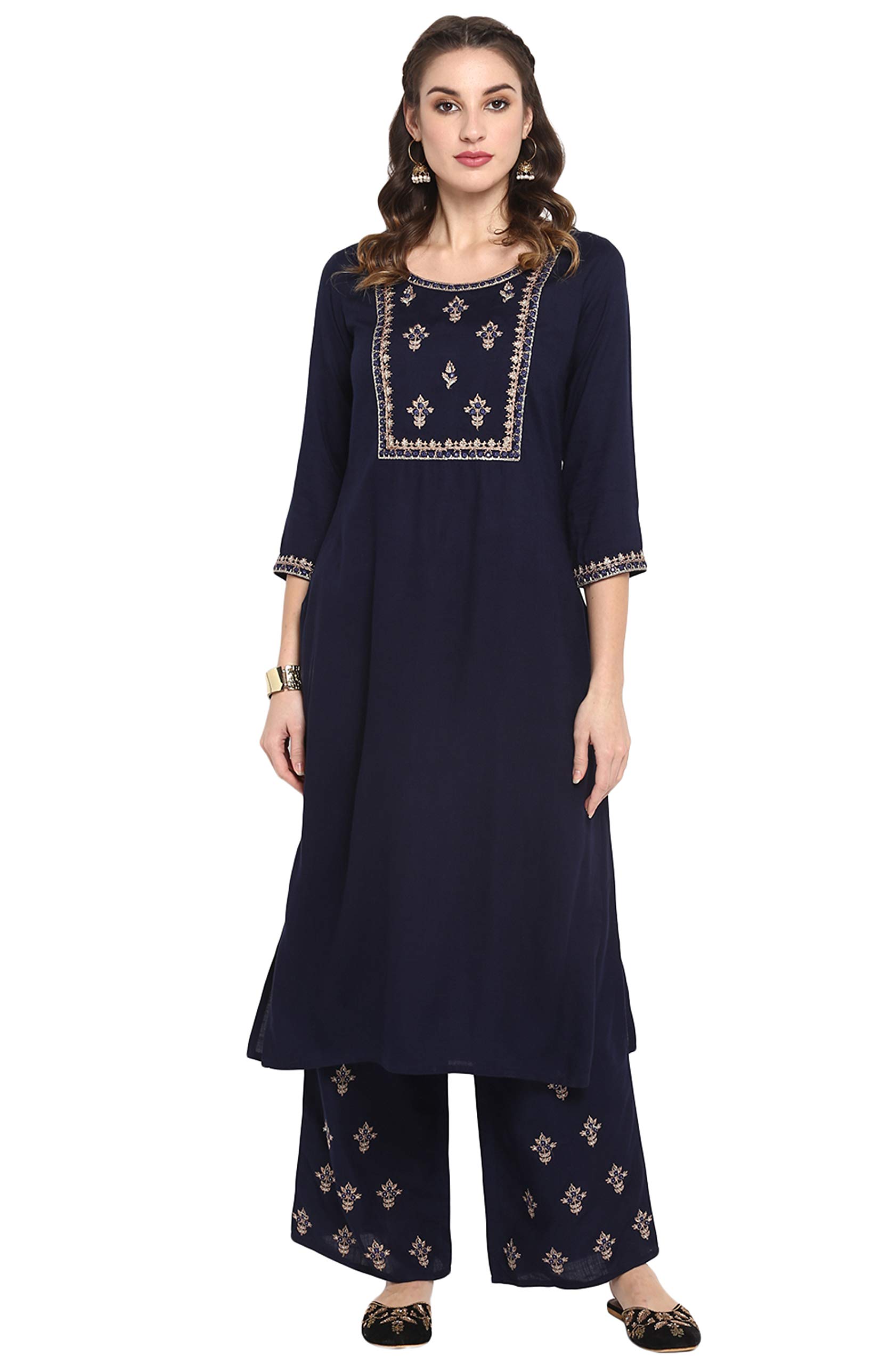 Women's Navy Blue Rayon Slub Kurta with Palazzo
