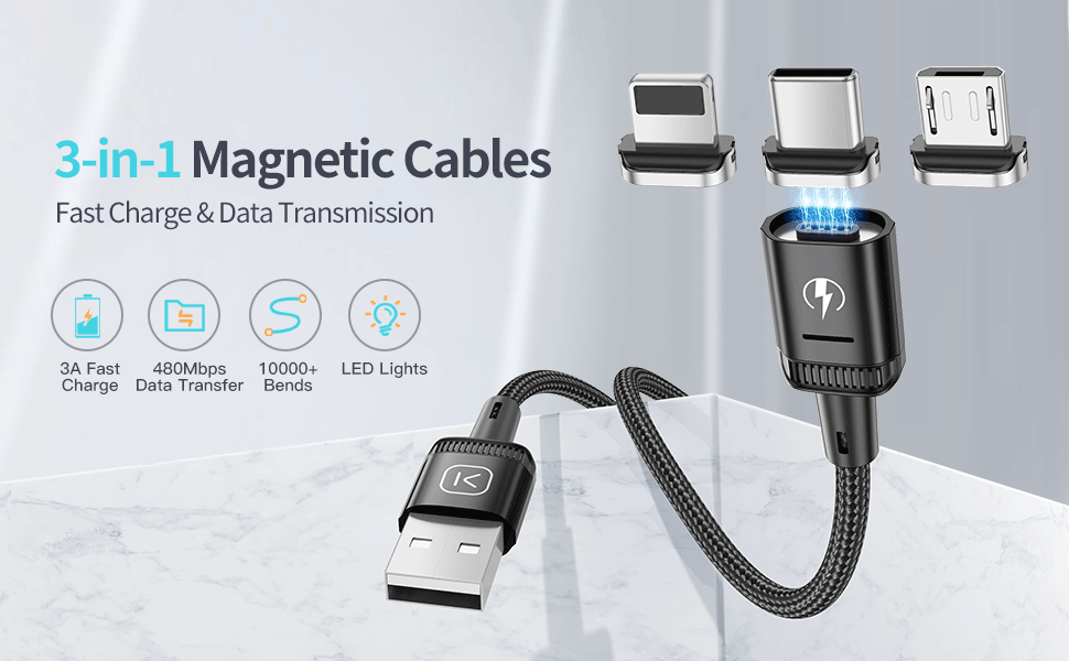 Magnetisches USB-Kabel 3-in-1 – 3 Längen, Schnellladefähig Für IPhone, Typ C, Micro-USB