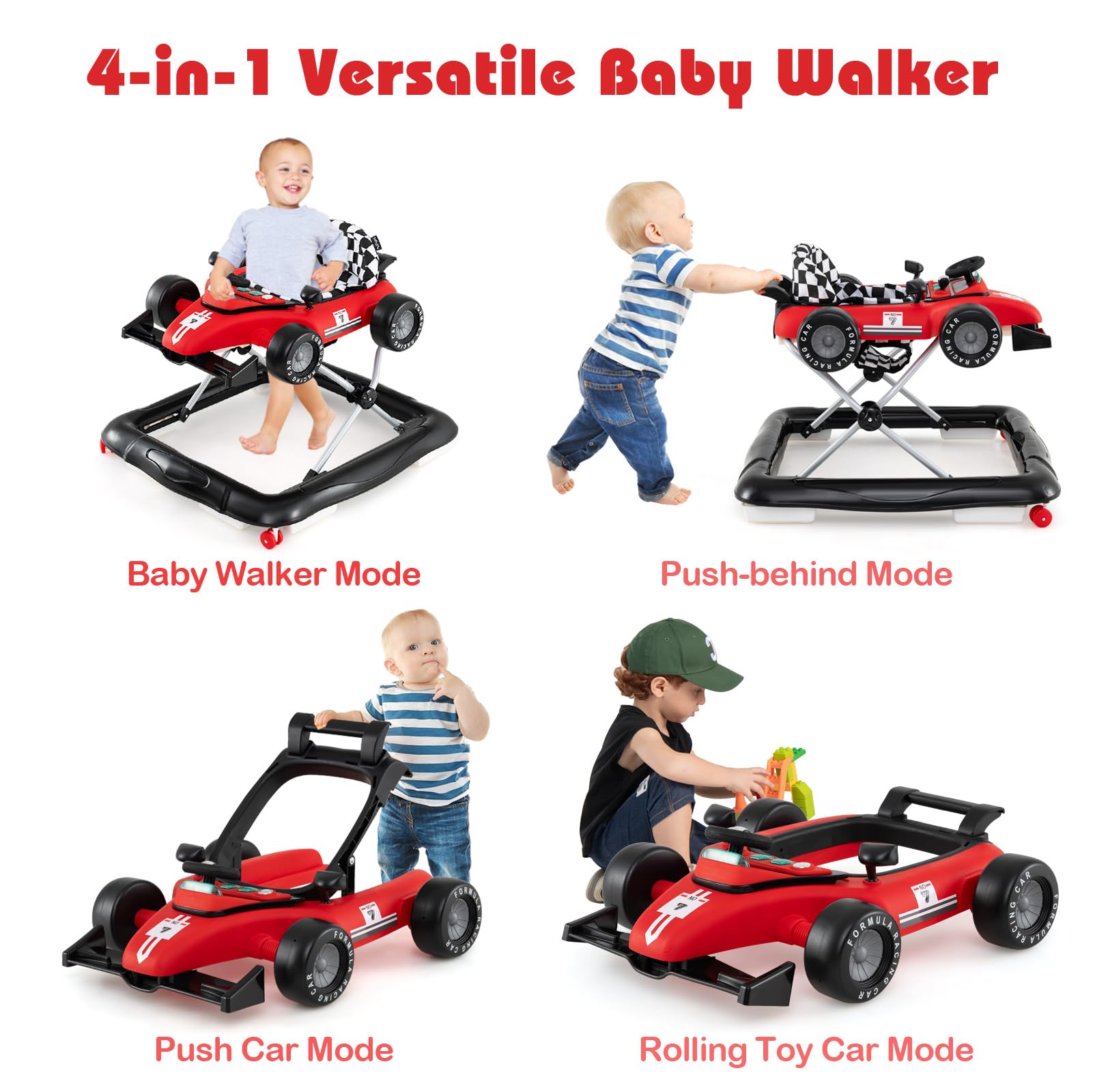 LIFEZEAL 4 en 1 Trotteur Bébé Evolutif avec 3 Hauteurs Réglables, Chariot de Marche Pliable avec Roues Universelles, Musique, Lumières, Trotteur d'Activité pour Garçon Fille 6-18 Mois, Charge 12 kg