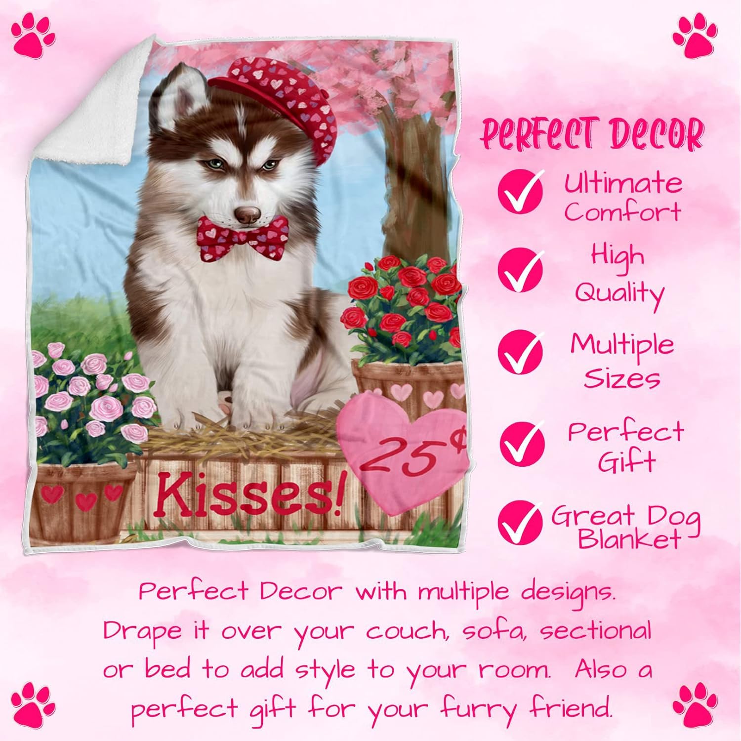 Rosie 25 Cent Kisses Siberian Husky Dog Blanket - Lightweight Soft Cozy and Durable Bed Blanket - Animal Theme Fuzzy Blanket for Sofa Couch BLNKT61791 (50x60 Woven)