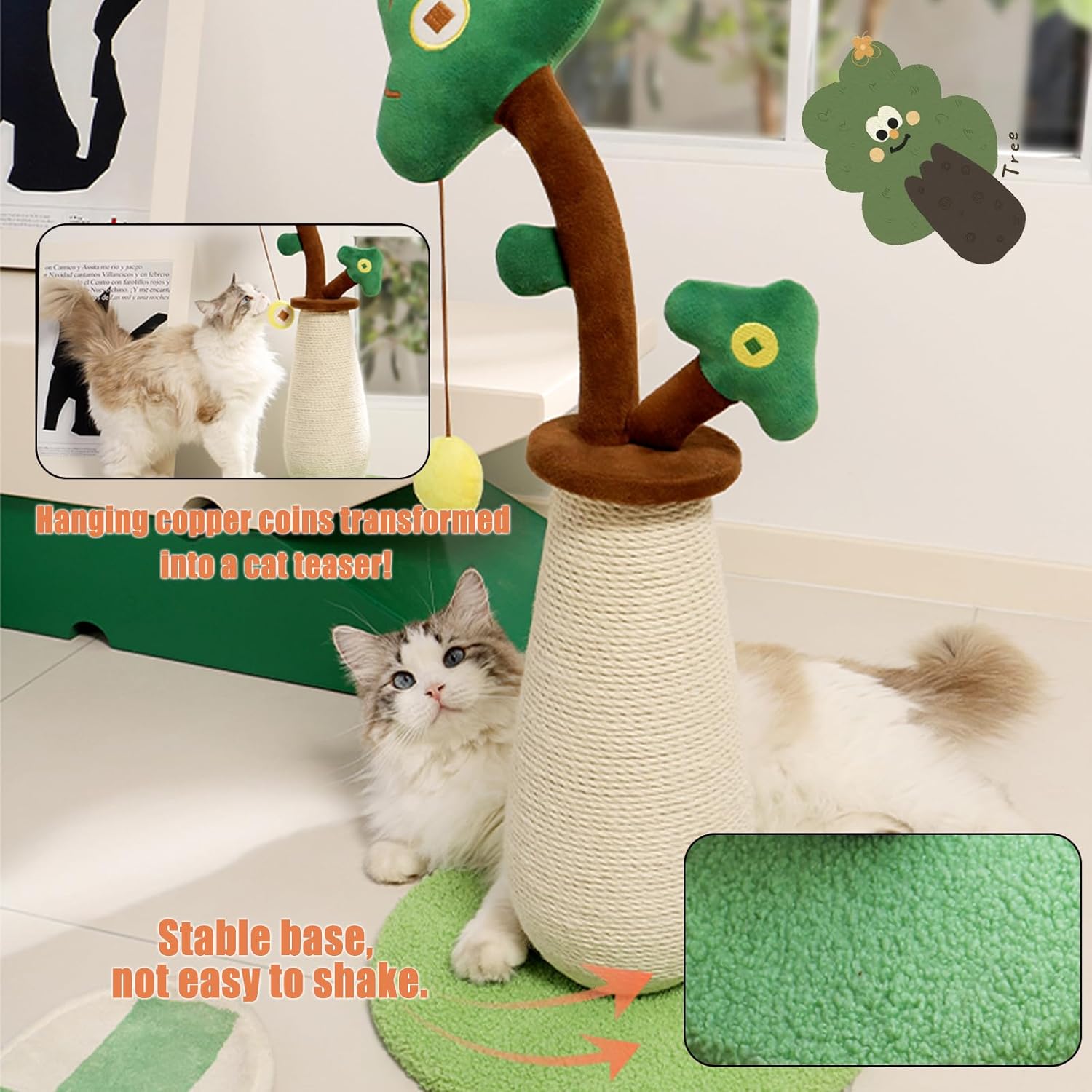 Cat Scratching Post, 26.4 Inches with Sisal & Hanging Ball, Scratching Post with Stable Soft-Touch Base, Cat Scratchers for Indoor Adult Cats