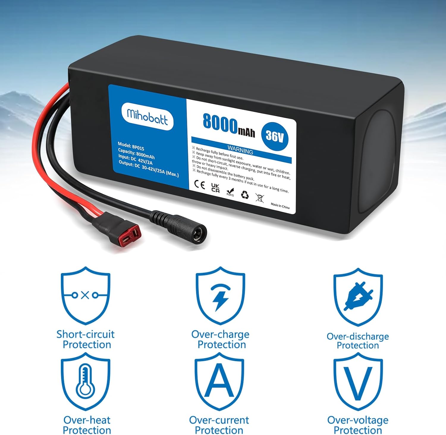 36V 8Ah Rechargeable Power Pack with 42V 2A Adapter, 25A BMS and Waterproof Design for 100-600W Systems