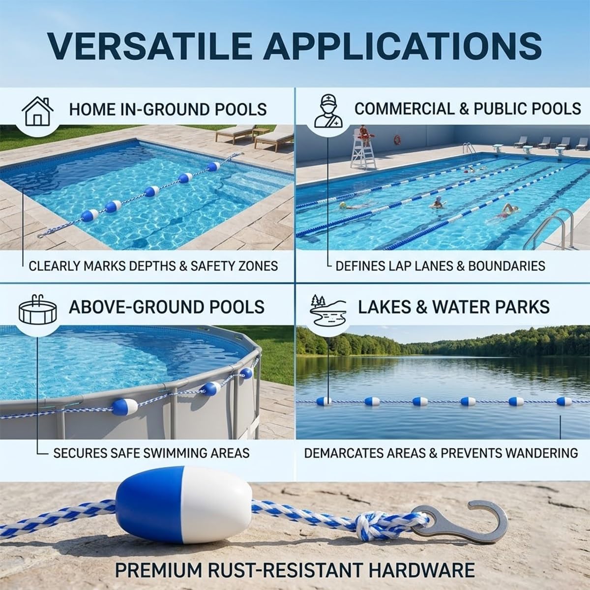 Genérico Cuerda de Seguridad Ajustable para Piscinas con Boyas y Ganchos de Acero Inoxidable - Separador de Piscina de 11 Metros para Mayor Seguridad en la Zona Profunda - Kit de Cuerda Flotante Dura
