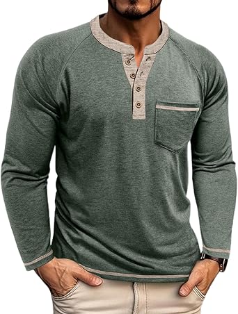 Mens Henley Shirts Long Sleeve Casual Button Basic T-Shirts Classic Vintage Tee Shirts with Pocket