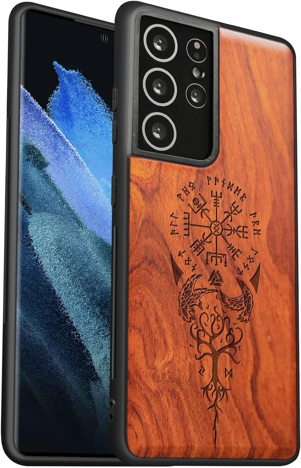 Carveit Wood Case for Galaxy S21 Ultra Case [Hard Real Wood & Soft TPU] Shockproof Hybrid Protective Unique Wooden Cover Compatible with Samsung S21 Ultra 5G (Viking Compass Vegvisir-Rosy)