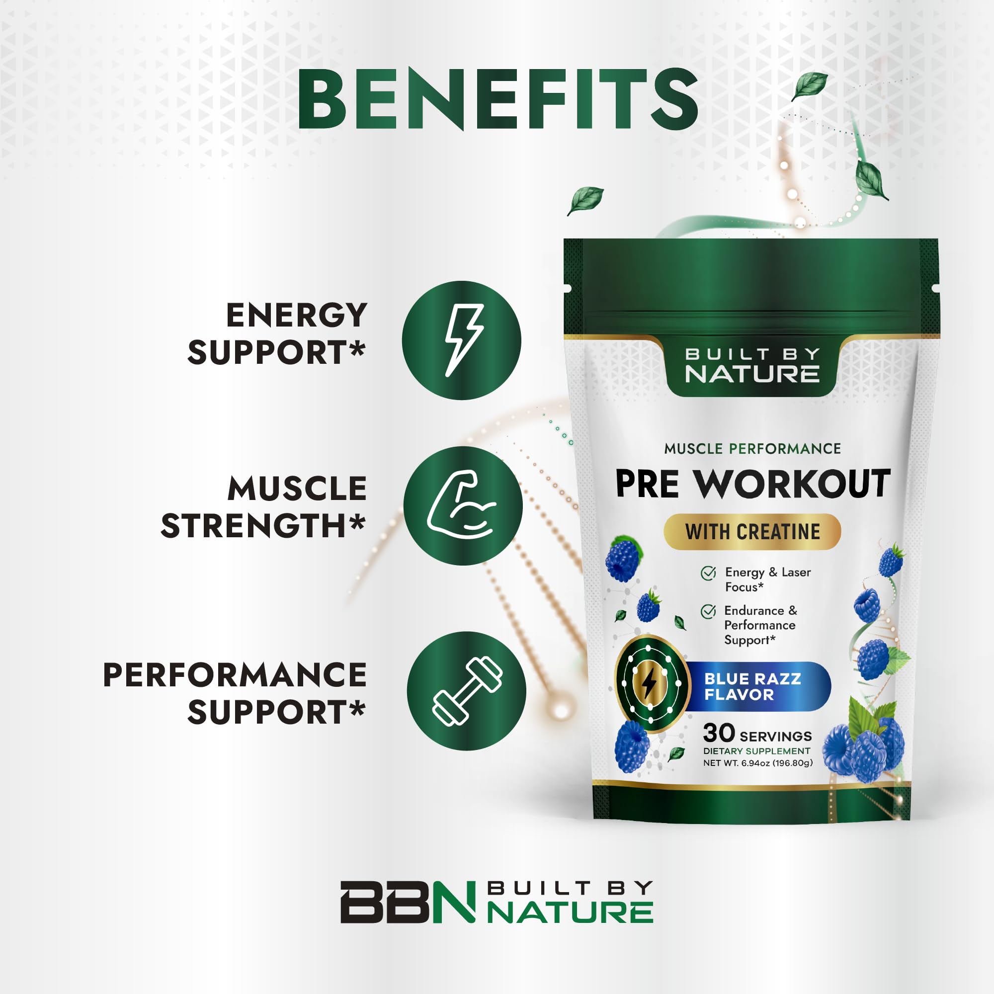 Built by Nature Pre Workout Powder for Men & Women, Blue Razz, 30 Servings with Creatine, Energy & Focus, Pumps, Sports Nutrition Supplement — Amazon image 2