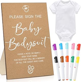 Qunclay 12 Pcs Baby Shower Game Party Favors with White Unisex Bodysuit Wooden Sign Tabletop Decor and Marker for Guests(Kraft)