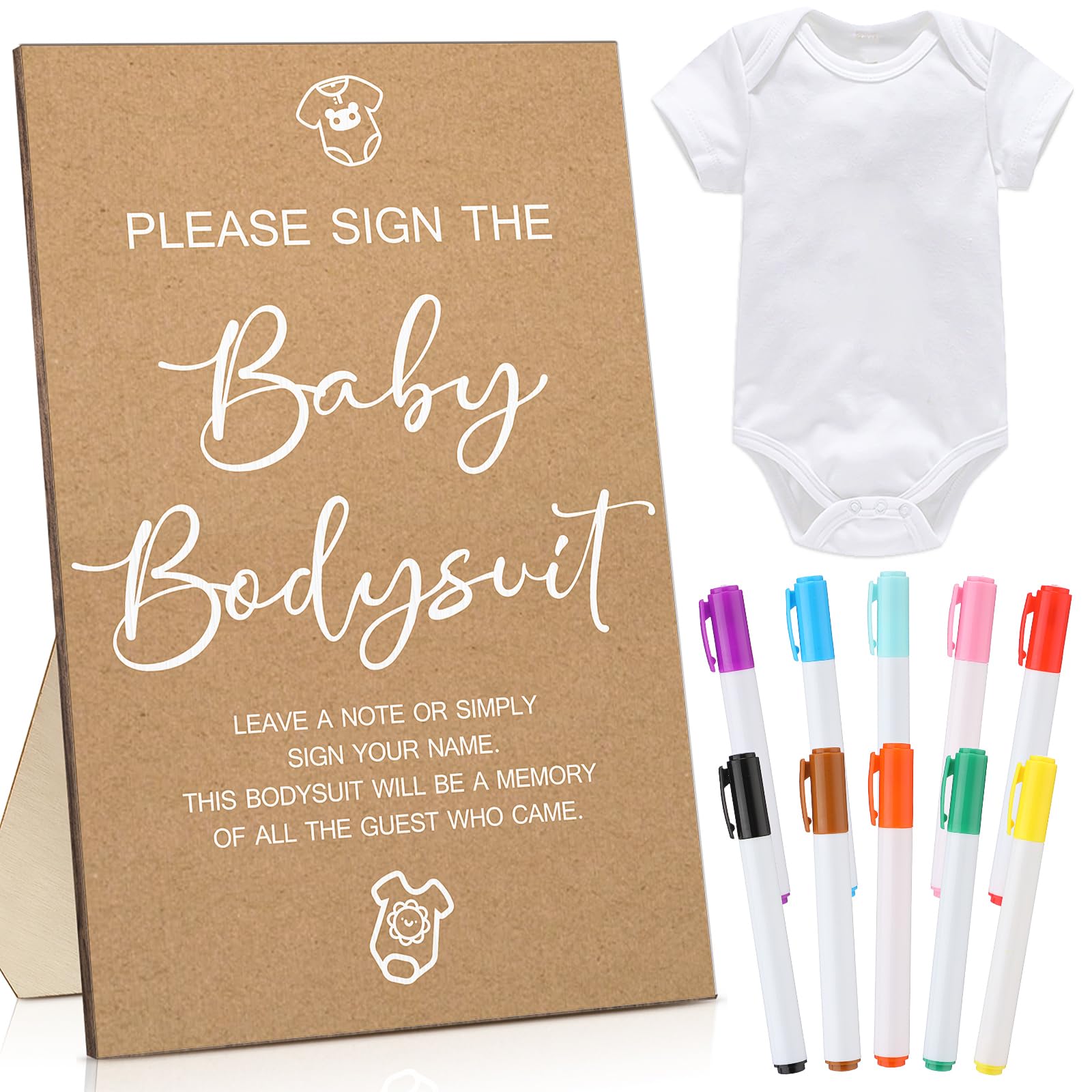 Qunclay 12 Pcs Baby Shower Game Party Favors with White Unisex Bodysuit Wooden Sign Tabletop Decor and Marker for Guests(Kraft)