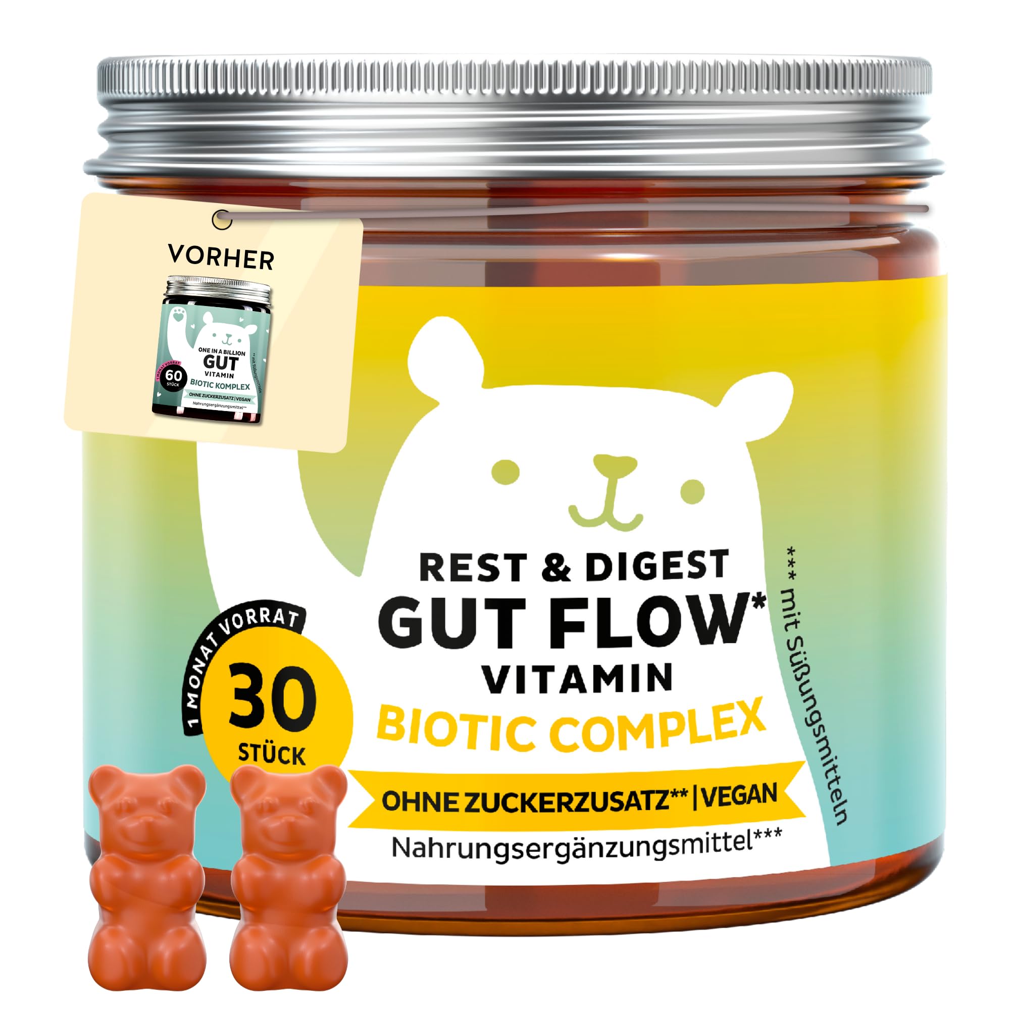 Rest & Digest - Probiotika Complex - Gut Flow Vitamin - Vitamin B6, Bacillus coagulans, Bromelain, Inulin - 30 Stück (1 monat) - Vegan, Ohne Zuckerzusatz - Bears with Benefits