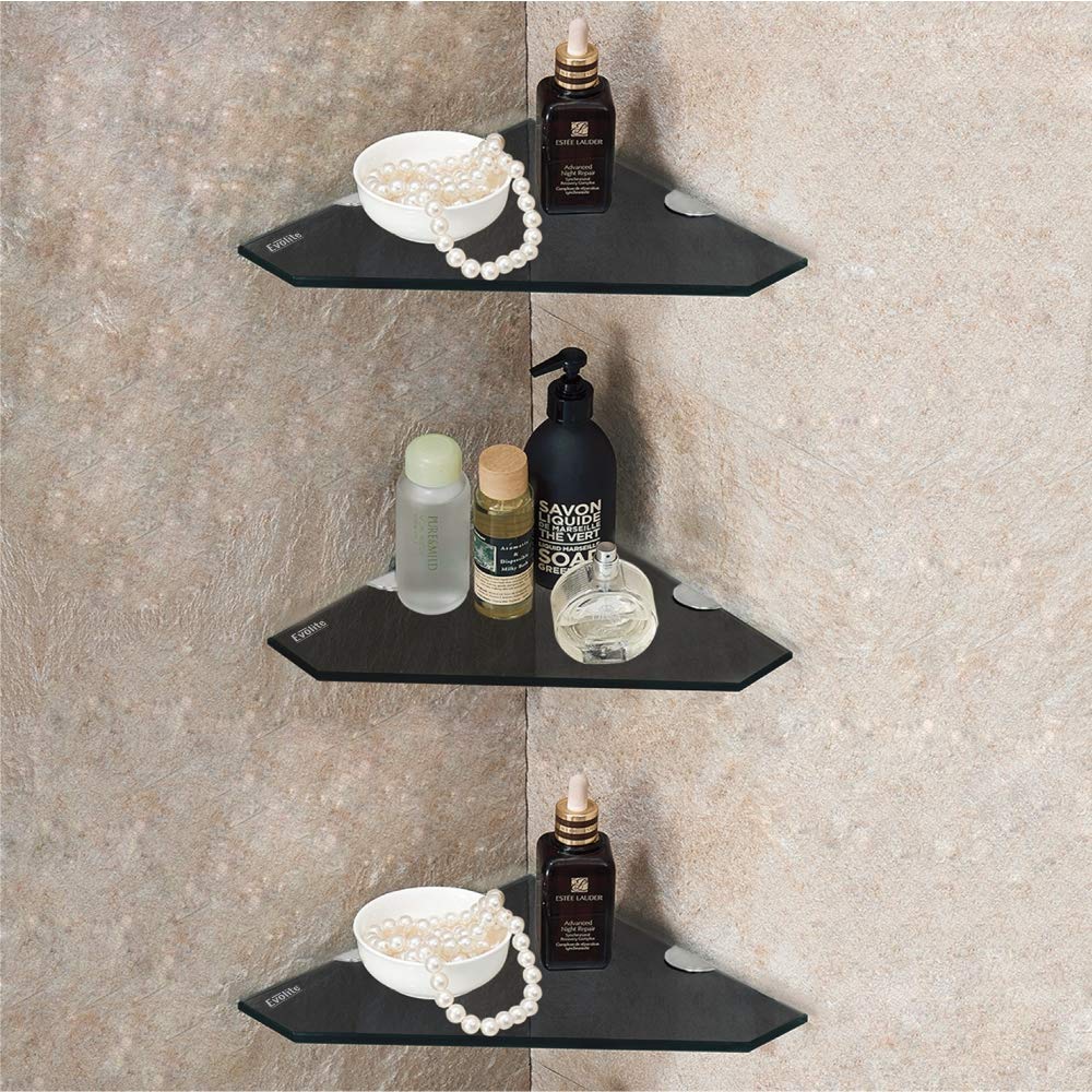 Evolite Premium Black Glass Shelf Corner for Bathroom Kitchen and Wall Mount Storage Accessories with for Home Decor - 8mm Tempered Glass for Diamond Shelf (9 x 9 inch)(Pack of 3)