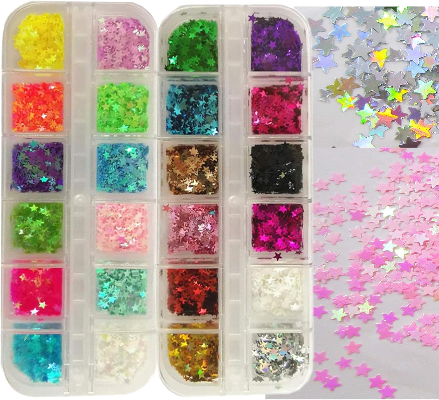 24 Colors Star Chunky Glitter Flakes Holographic Mylar Stars Shapes Glitters Confetti Nail Sequins for Acrylic Nails Crafts Resin Makeup. (Star)