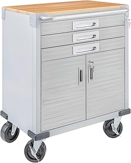 Seville Classics UltraHD Heavy Duty Rolling Cabinet Workbench Table w/Solid Wood Top, Workstation for Garage, Warehouse, Office, Workshop, 28" W x 18" D x 34.5" H, Granite, 3-Drawer