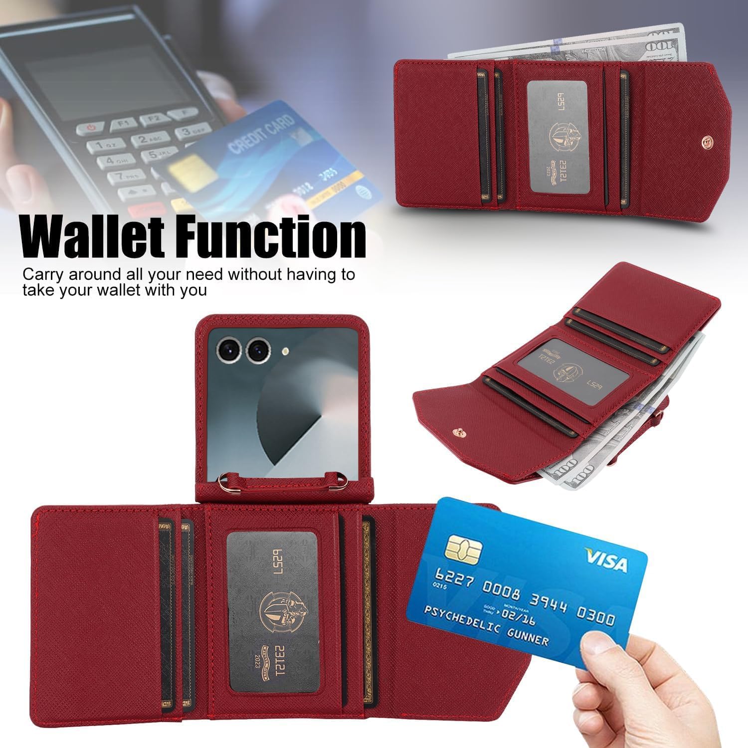 for Samsung Galaxy Z Flip 7 Wallet Case with Built-in Leather Cash Slot and Credit Card Holder. Wristlet Strap and Hinge Protection, Carrying Handbag Phone Case for Women Ladies.(Dark Red)