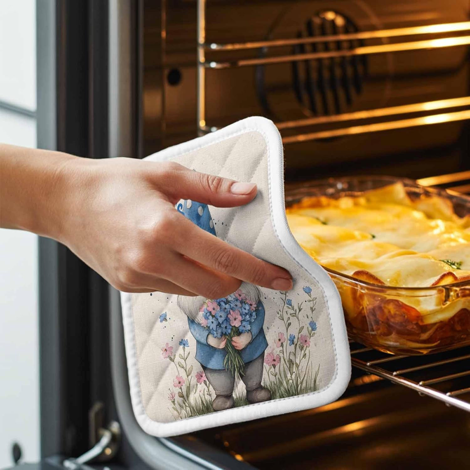 5 Pack Pot Holders for Kitchen, Happy Father's Day Hot Pads for Kitchen Countertops Oven Pot Holder Bulk, Blue Gnomes Rustic Garden Floral Heat Insulation Potholders with Hanging Loops