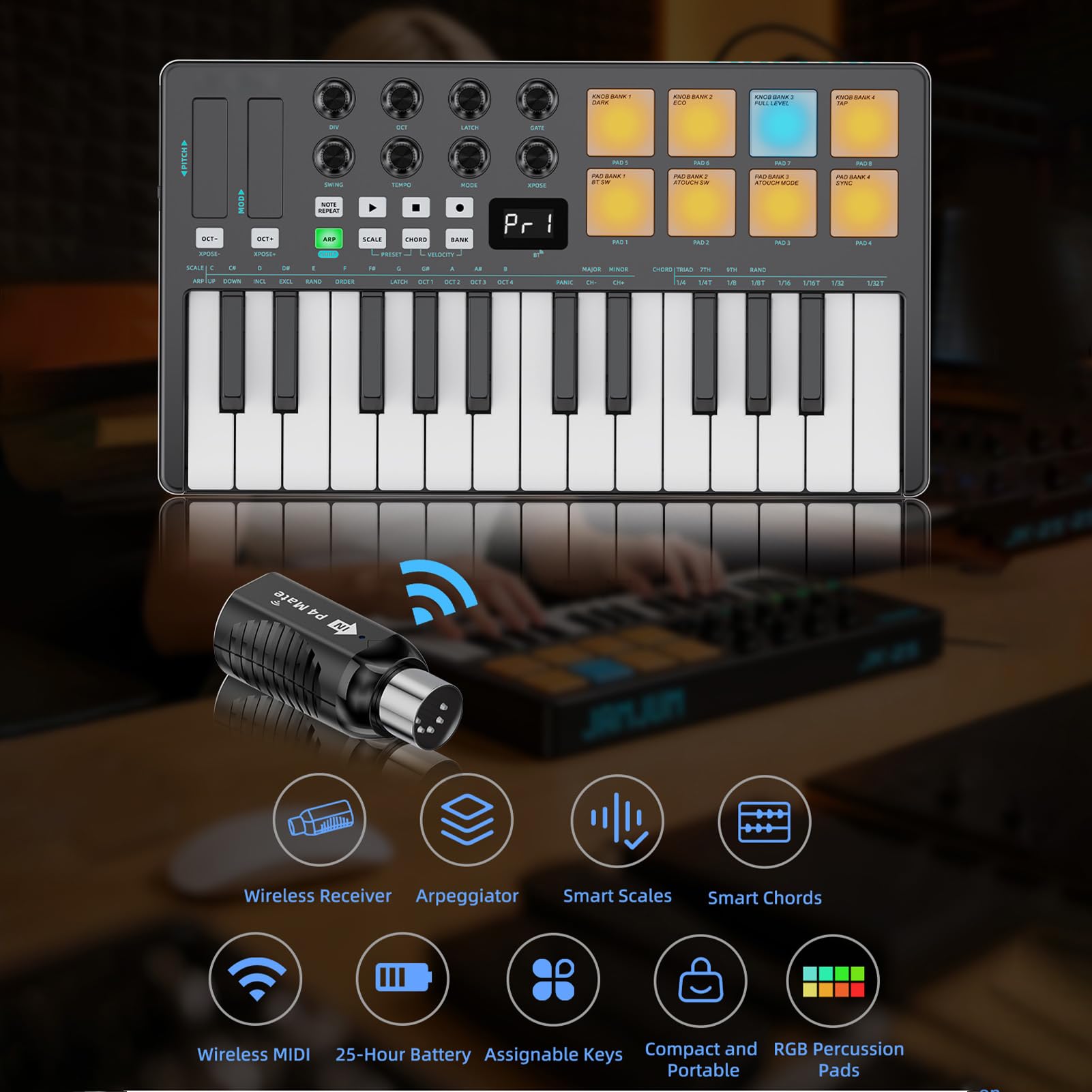 MIDI-Keyboard-Controller, 25-Tasten-Bluetooth-USB-Beat-Maker-Maschine mit Anschlagdynamischen Pads, Kabellosen Empfängern, Arpeggiator und Akkordmodi für die Musikproduktio (BLACK)