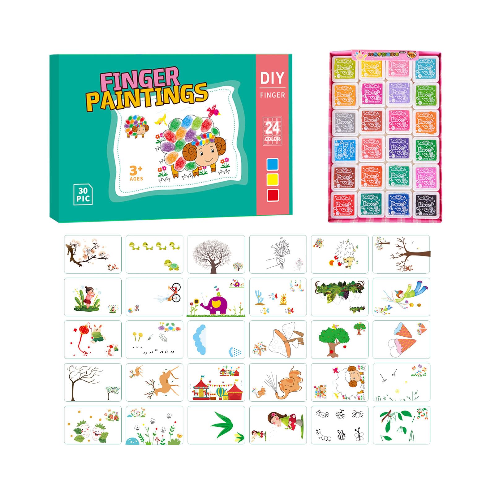 Set di Pittura con Le Dita Senza Disordine per Bambini in età Prescolare, 30 Carte da Disegno + 24 Colori, Lavabile E Non Tossico, Materiale Artistico per Bambini Artigianato Fai da Te