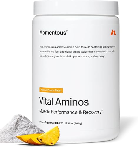 Momentous Vital Aminos - Suplemento en polvo – BCAA y EAA – Tropical Punch – Certificado NSF para deporte – Sin OMG y gluten – 30 porciones – El