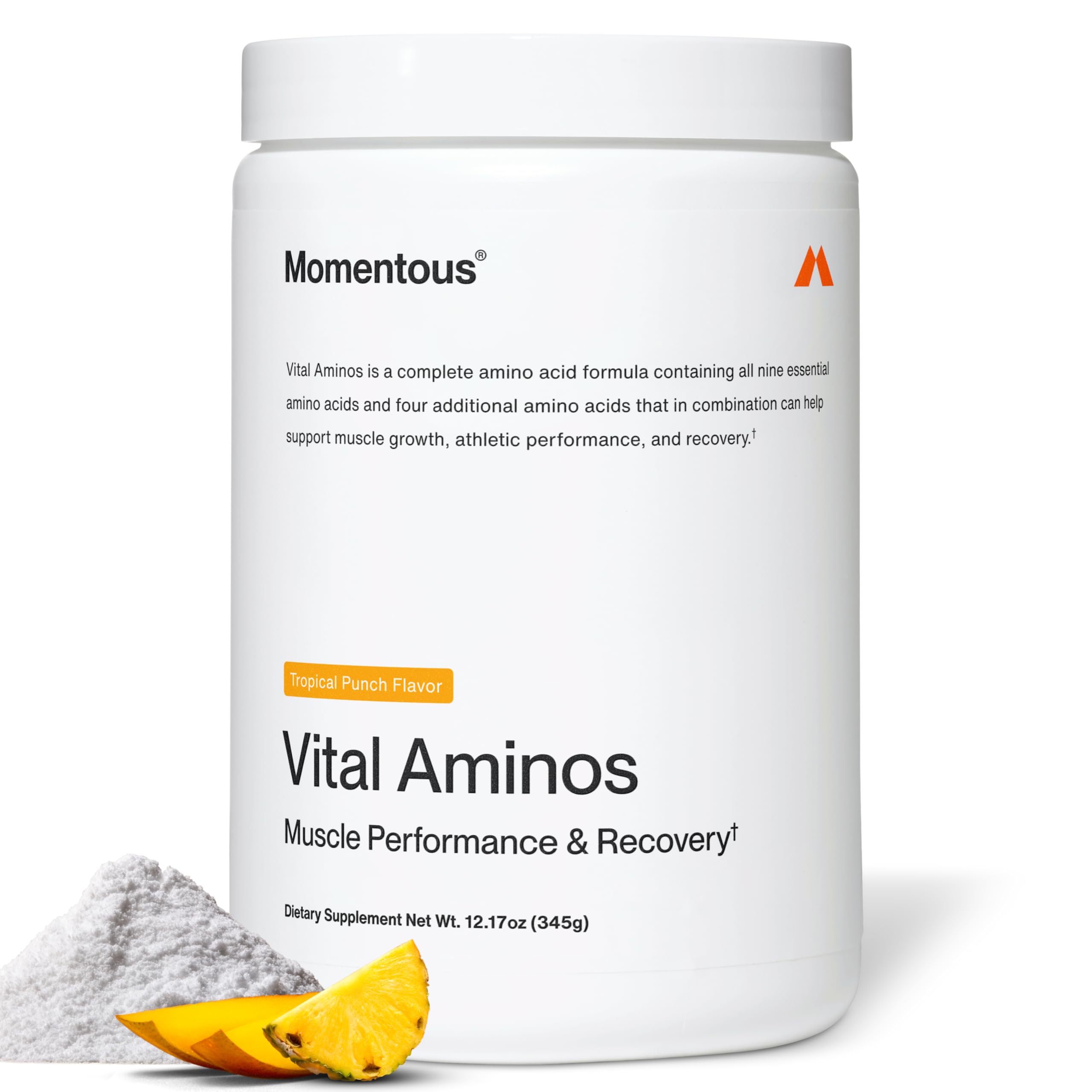 Momentous Vital Aminos Powder Supplement - BCAA & EAA - Tropical Punch - NSF Certified for Sport - GMO- & Gluten-Free - 30 Servings - Package May Vary