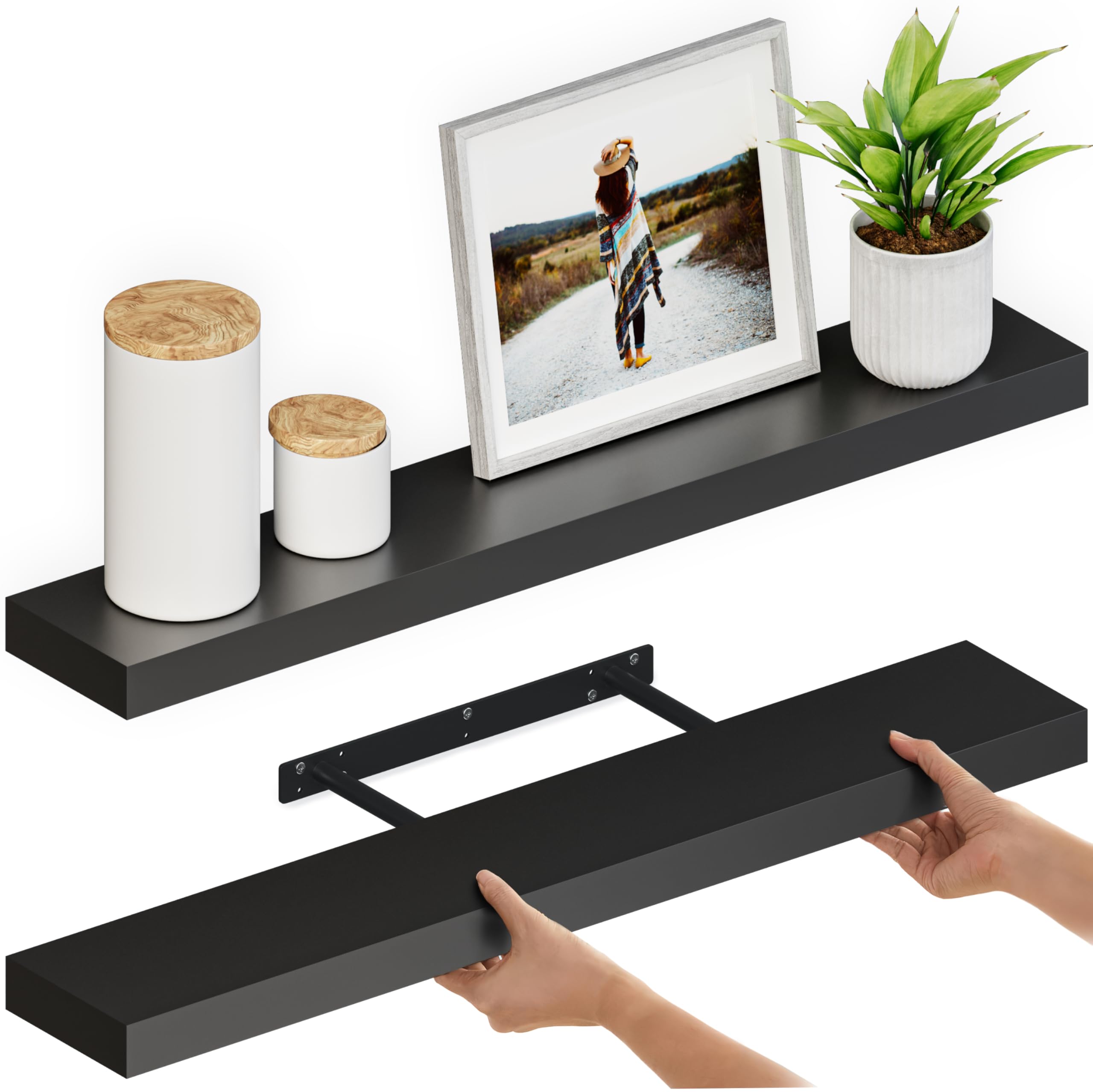 Ballucci Floating Shelves, 36" Wood Wall Shelf Set of 2, with Invisible Brackets for Bathroom, Living Room, Bedroom, Kitchen, Nursery, 6" Deep, Black
