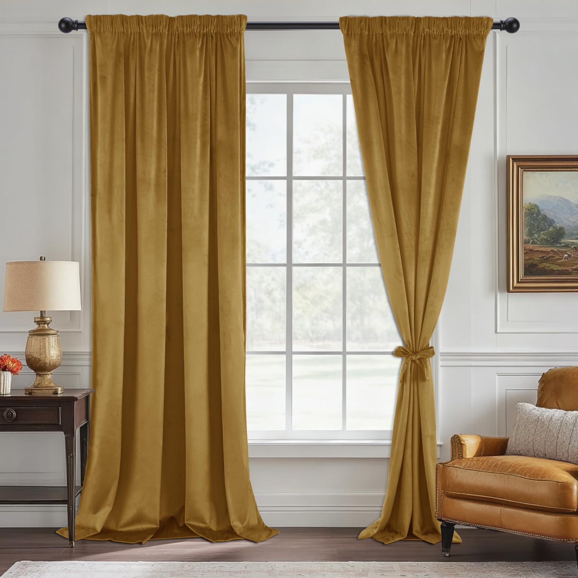 Hiasan Aksamitna zasłona zaciemniająca, 225 x 140 cm (wys. x szer.), złota, zestaw 2 sztuk | Luksusowa ciężka zasłona termiczna z taśmą marszczącą, izolacja akustyczna, odporna na zimno do salonu, sypialni