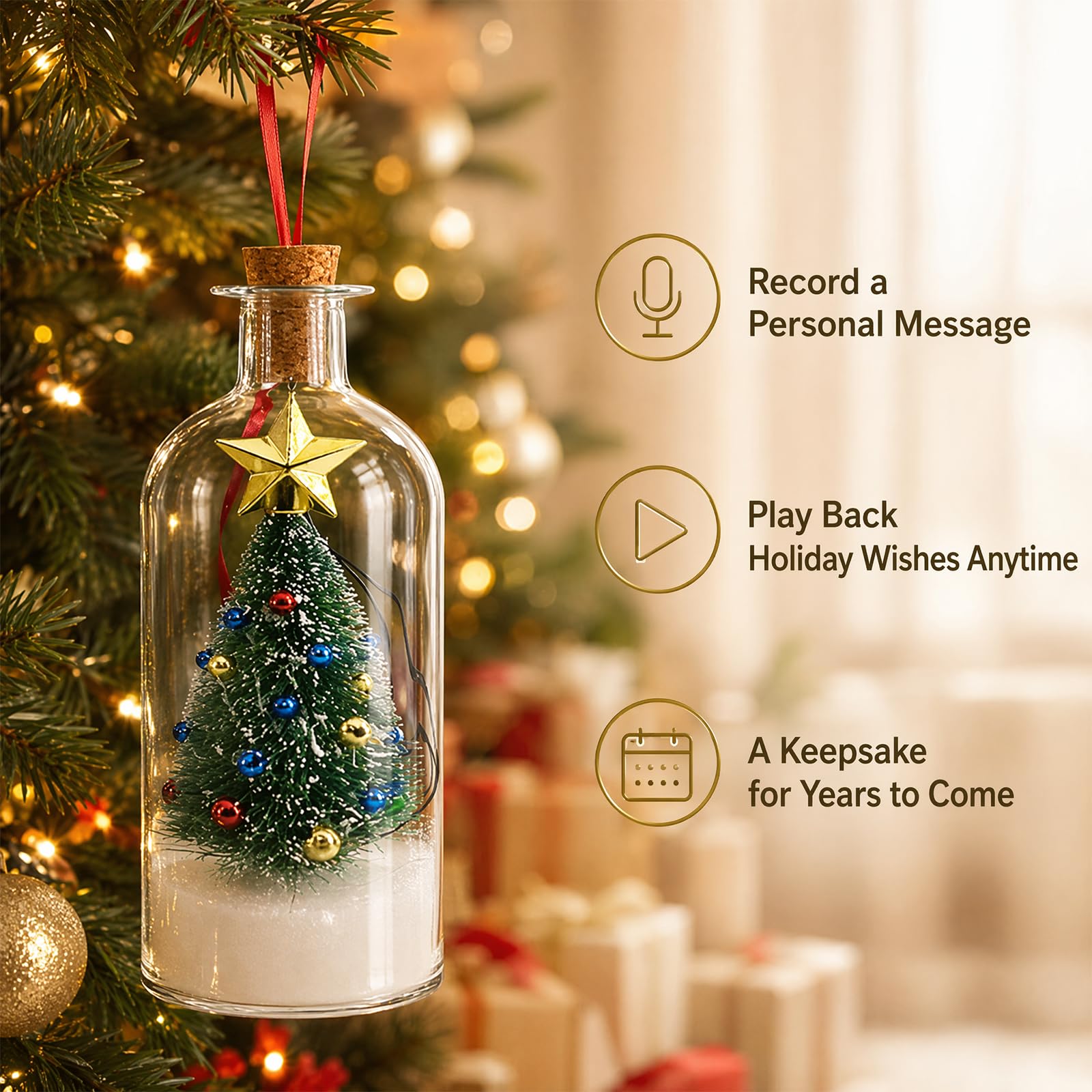 Generic Christmas Bottle Ornament with Registrable Message | Resin memory keepsake: voice message playback, personalized holiday memories, meaningful family gifts