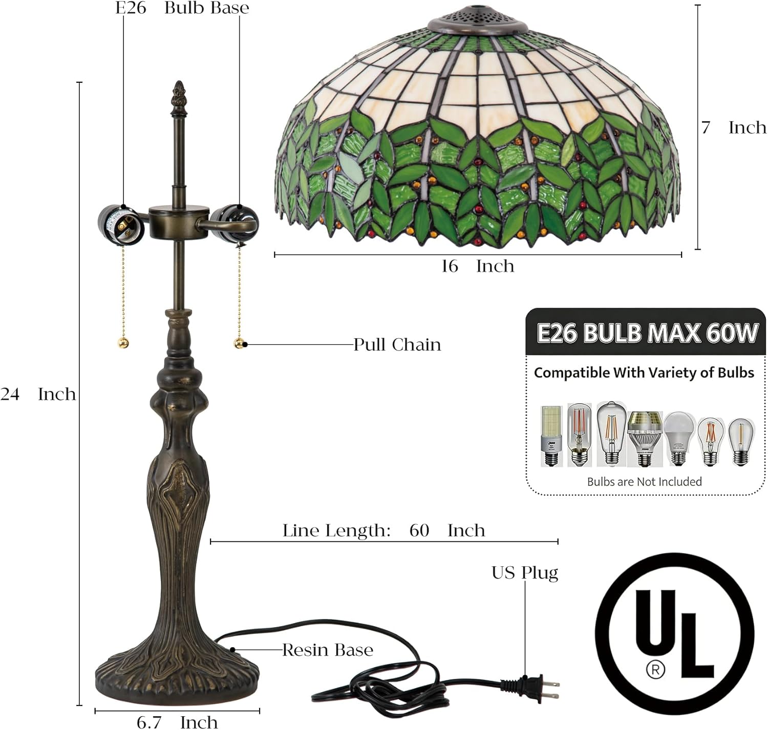 Tiffany Style Green Willow Leaf Stained Glass Table Lamp - 16" Wide Shade with Antique Bronze Base, Handcrafted Art Glass Decor for Bedroom Living Room (24" H x 16" W)