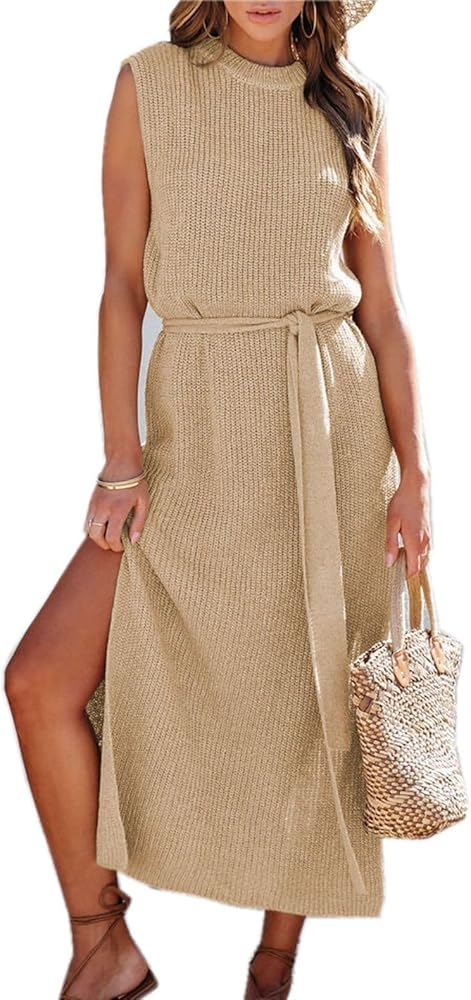 Asskdan Womens Elegant Solid A-Line Sleeveless Slit Midi Sweater