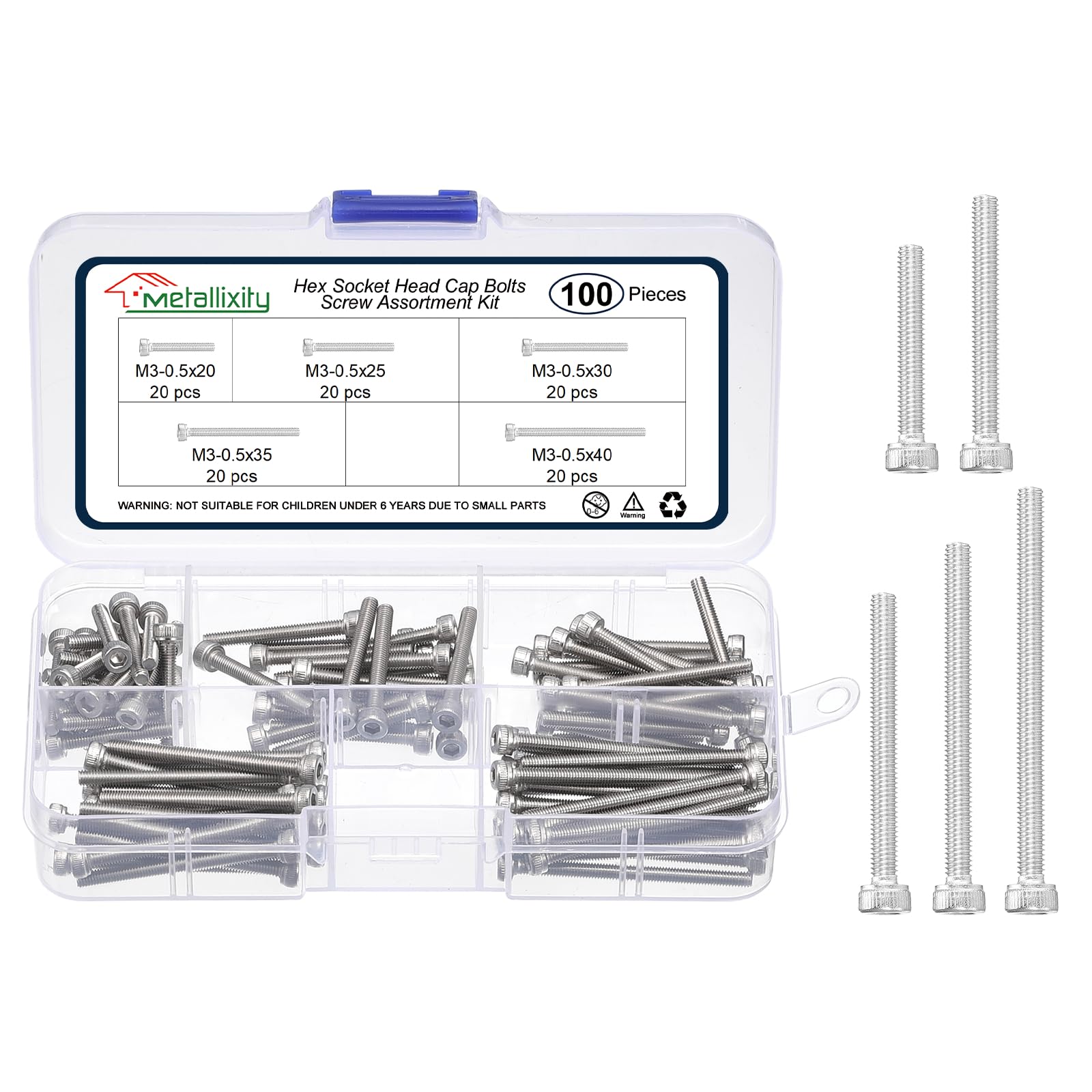 METALLIXITY Socket Head Cap Screws Kit (M3x20/25/30/35/40) 100Pcs, Stainless Steel Allen Socket Drive - Machine Internal Hex Screw, Silver — image 1