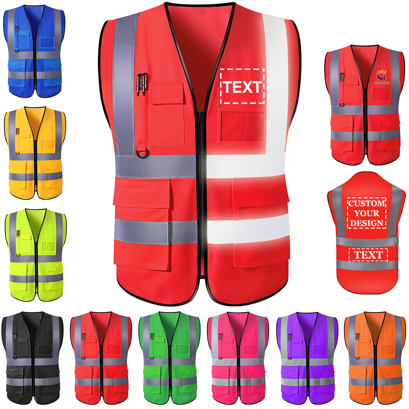 Farmelov Custom Safety Vest for Men with Logo Pockets Personalized High Visibility Protective Workwear with Reflective Strip